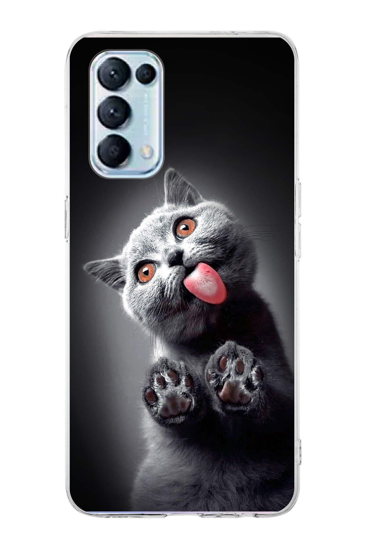 Oppo Reno 5 ile Uyumlu 1mm Slim Fit Kedi 2 050c Baskılı Şeffaf Kılıf