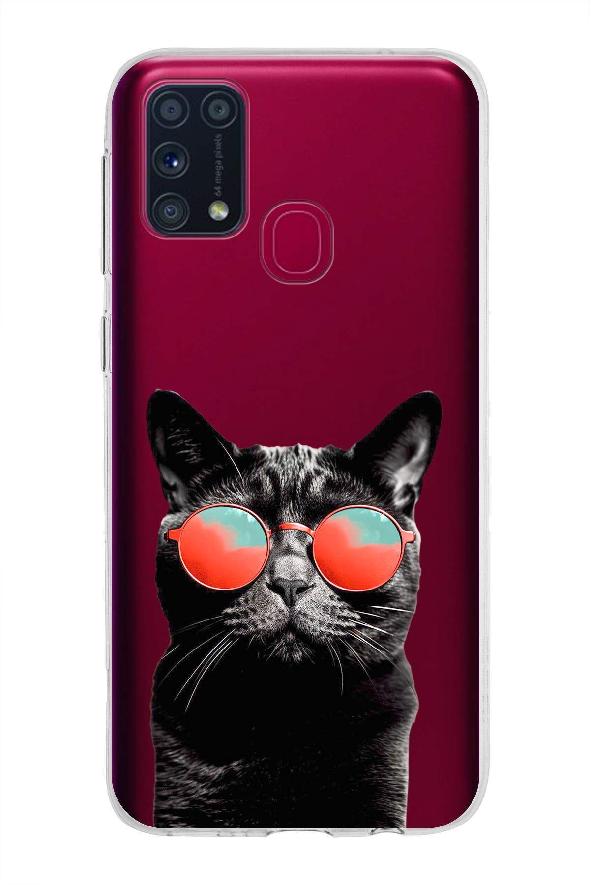 Samsung Galaxy M31 ile Uyumlu 1mm Slim Fit Kedi 3 050d Baskılı Şeffaf Kılıf