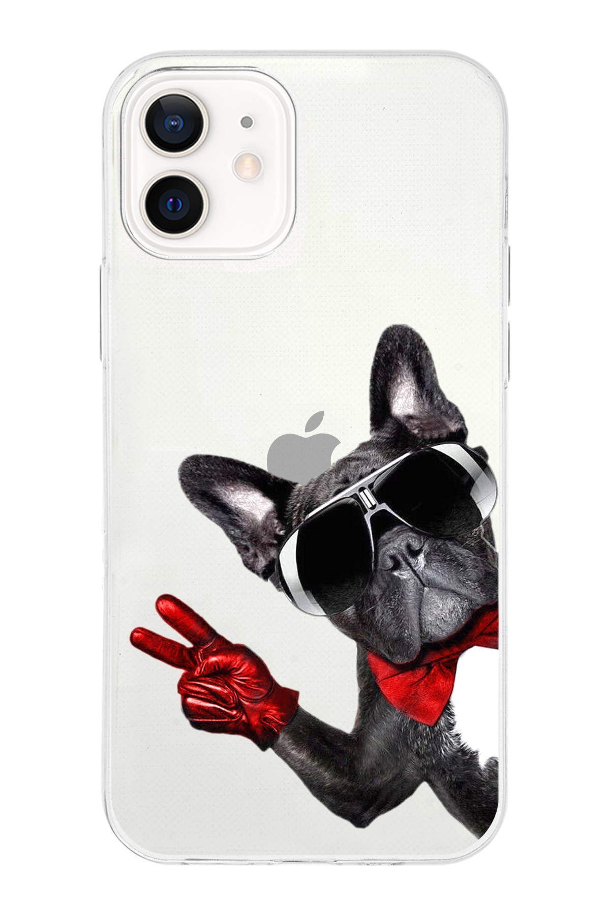 PrintiFy Apple iPhone 12 Mini ile Uyumlu 1mm Slim Fit Köpek 2 050e Baskılı Şeffaf Kılıf