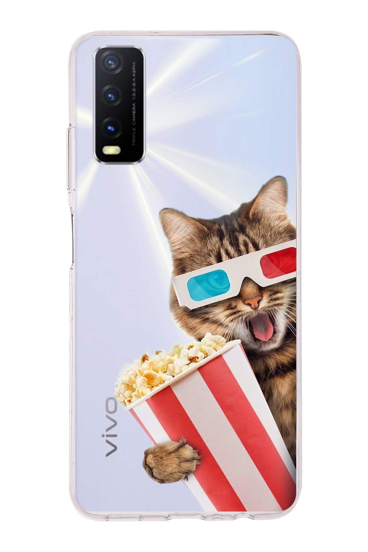 Vivo Y11s ile Uyumlu 1mm Slim Fit Kedi 1 050b Baskılı Şeffaf Kılıf