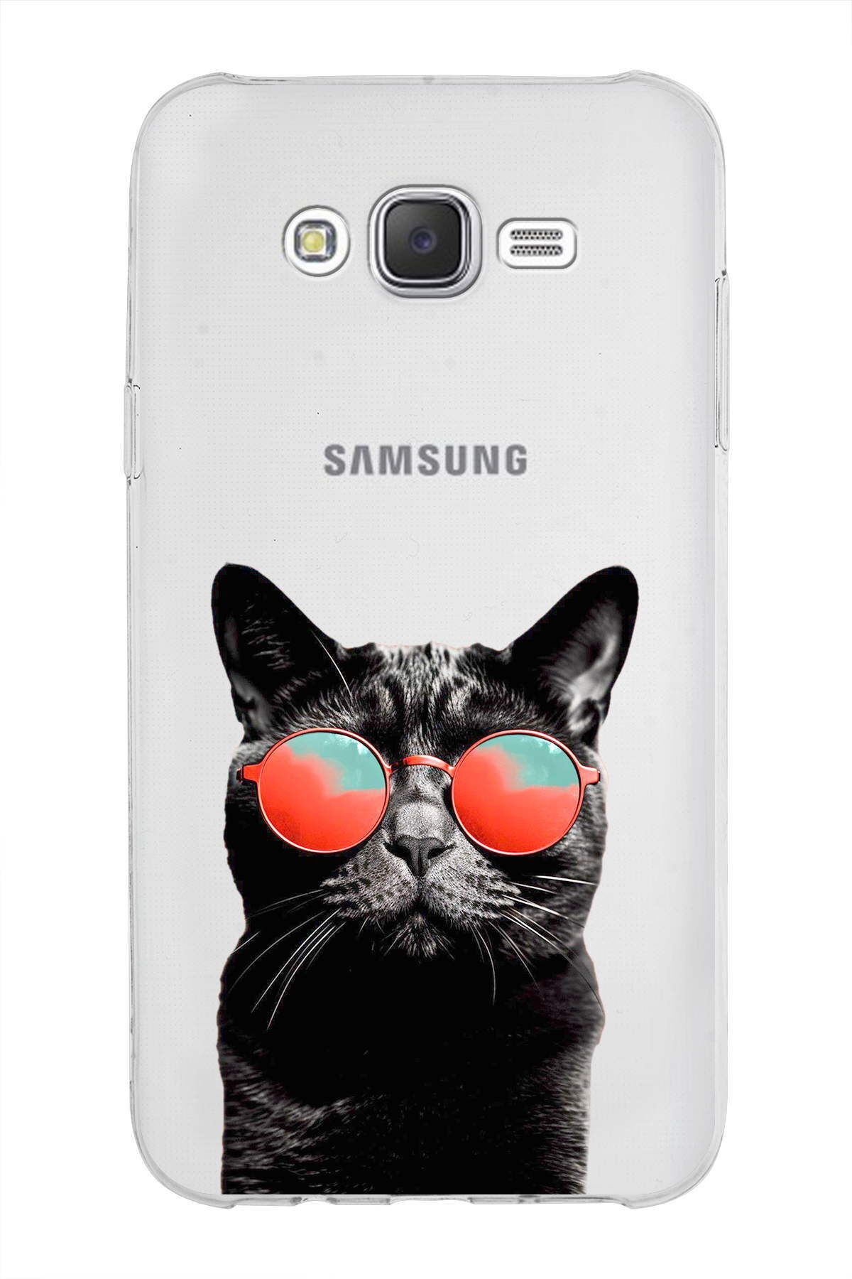 Samsung Galaxy J7 Core ile Uyumlu 1mm Slim Fit Kedi 3 050d Baskılı Şeffaf Kılıf