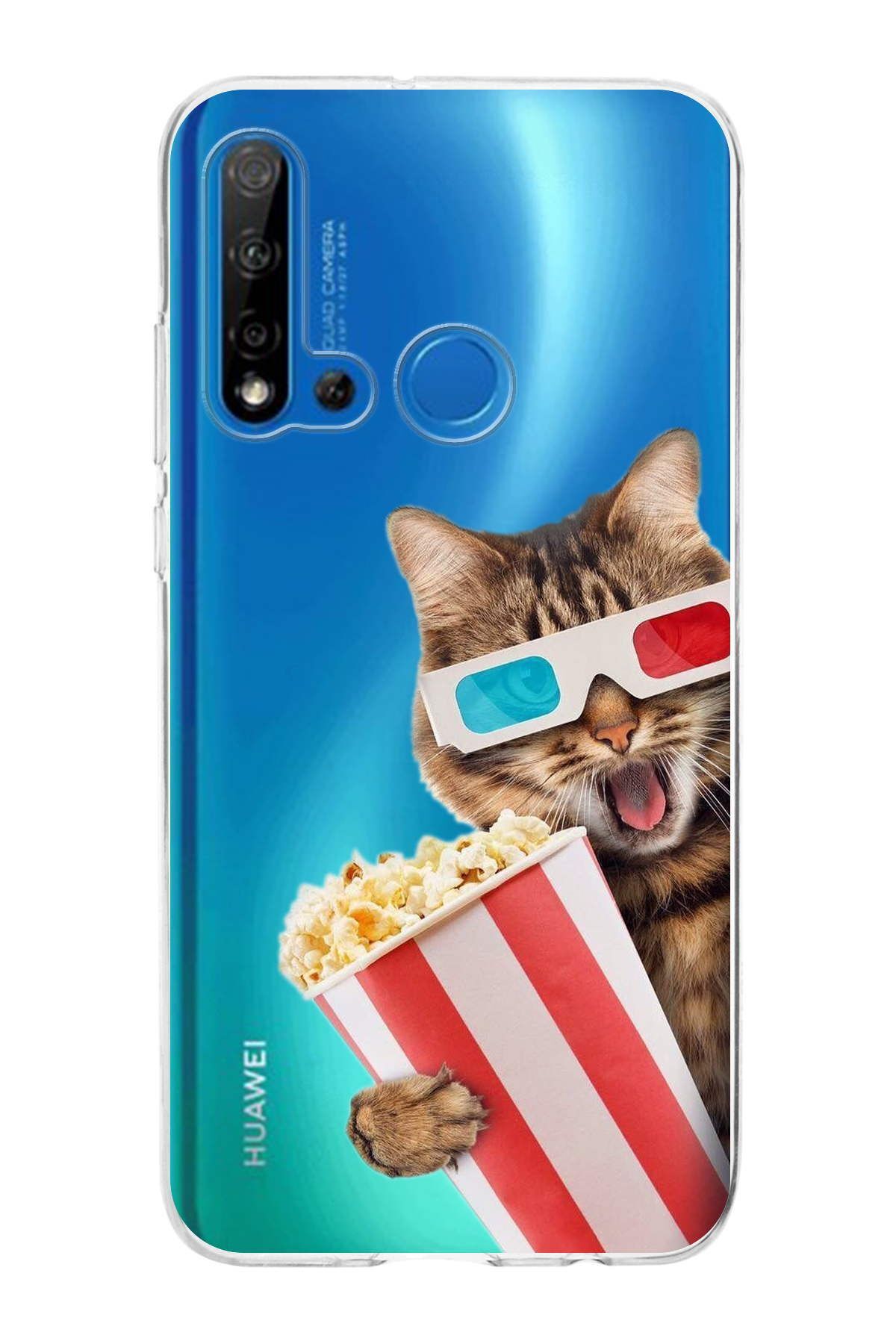 Huawei P20 Lite 2019 ile Uyumlu 1mm Slim Fit Kedi 1 050b Baskılı Şeffaf Kılıf