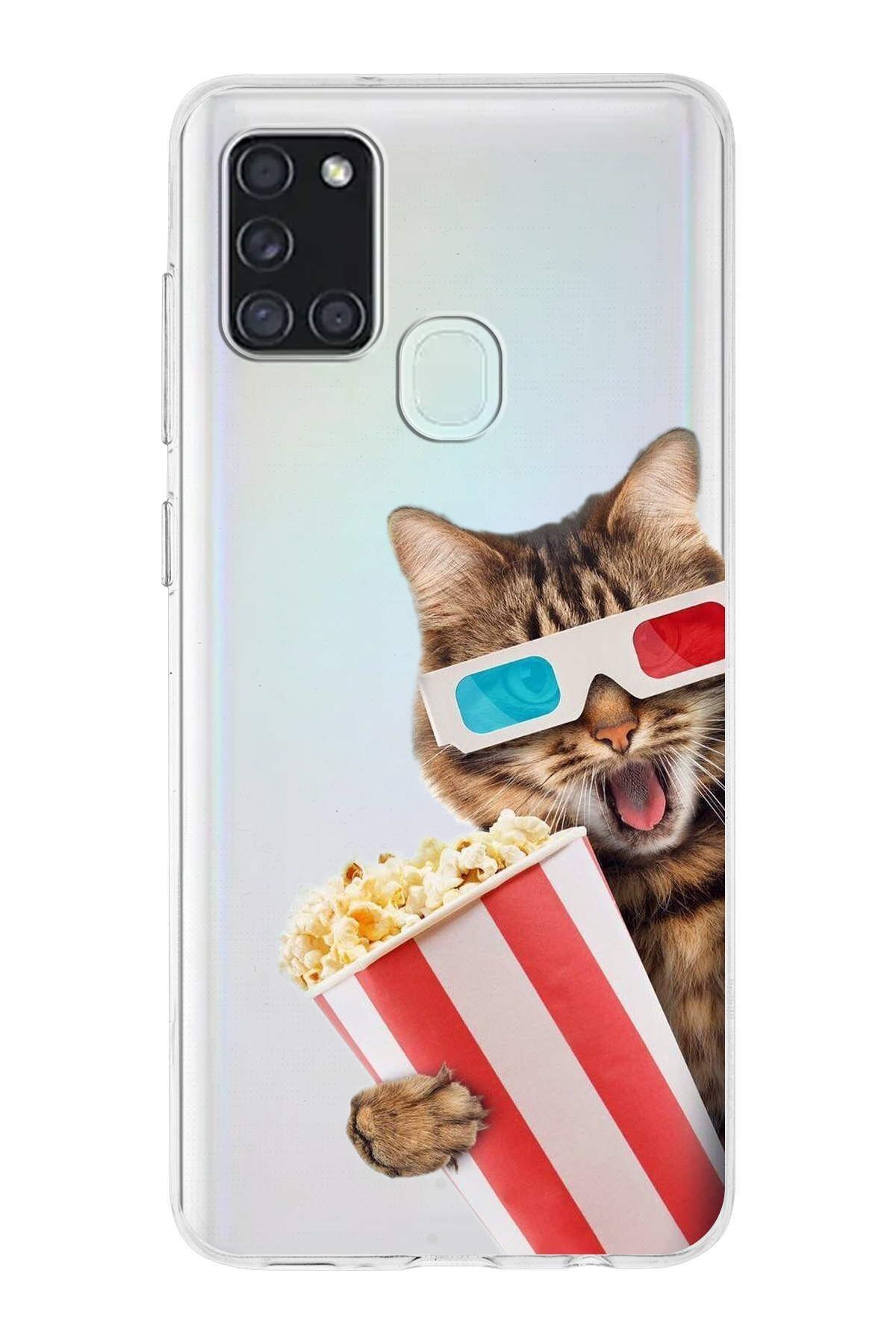 Samsung Galaxy A21s ile Uyumlu 1mm Slim Fit Kedi 1 050b Baskılı Şeffaf Kılıf