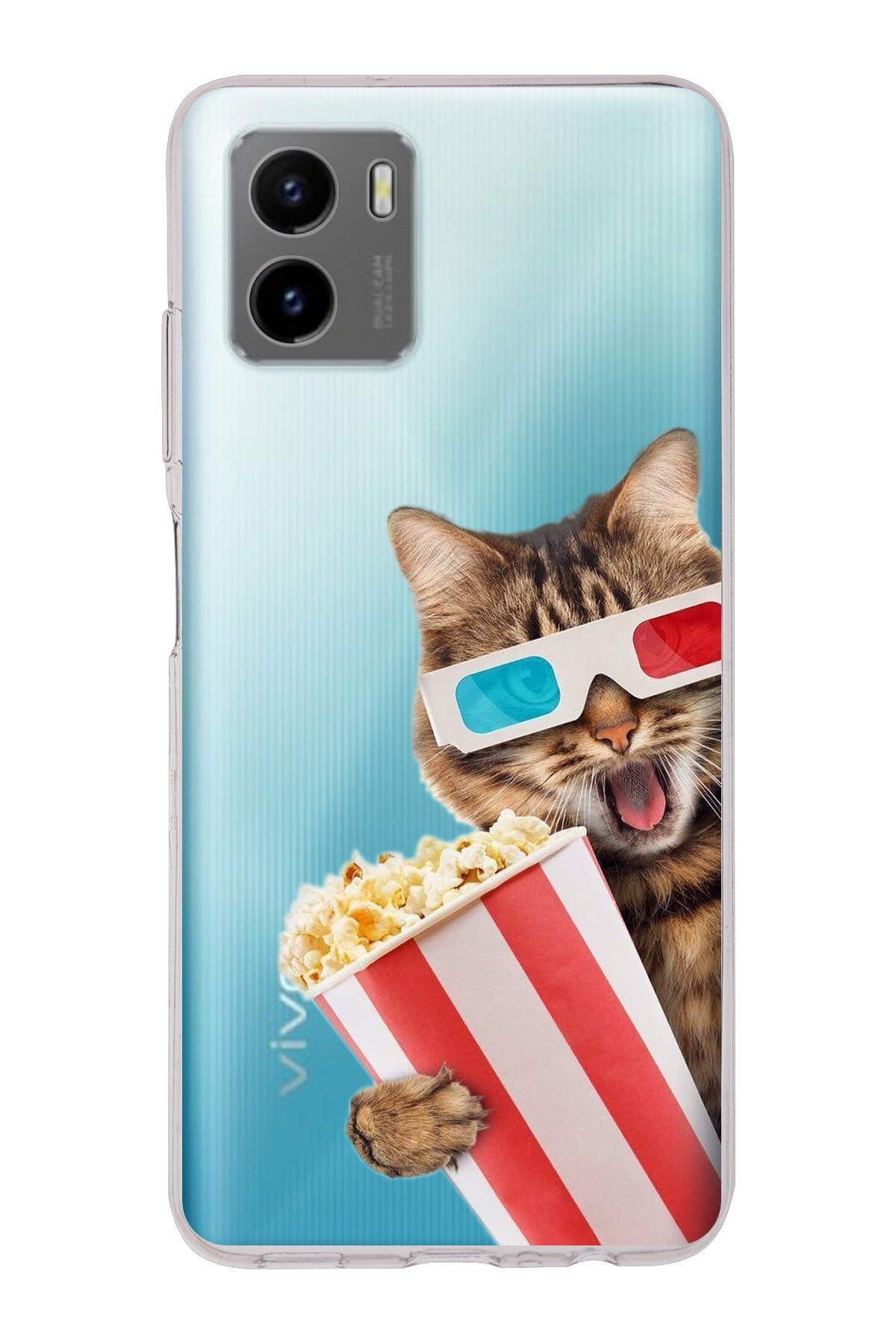 Vivo Y15s ile Uyumlu 1mm Slim Fit Kedi 1 050b Baskılı Şeffaf Kılıf