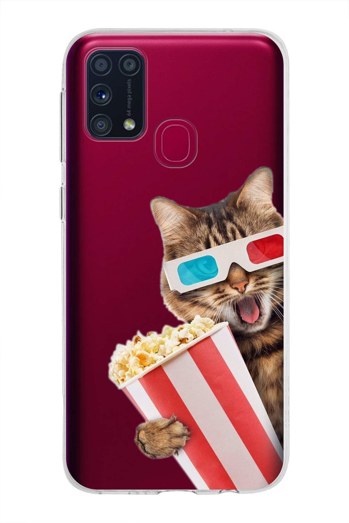 Samsung Galaxy M31 ile Uyumlu 1mm Slim Fit Kedi 1 050b Baskılı Şeffaf Kılıf