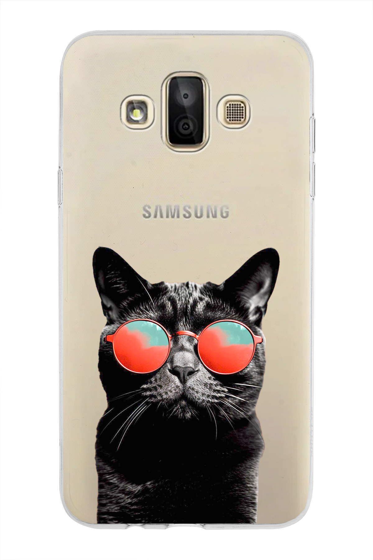 Samsung Galaxy J7 Duo ile Uyumlu 1mm Slim Fit Kedi 3 050d Baskılı Şeffaf Kılıf