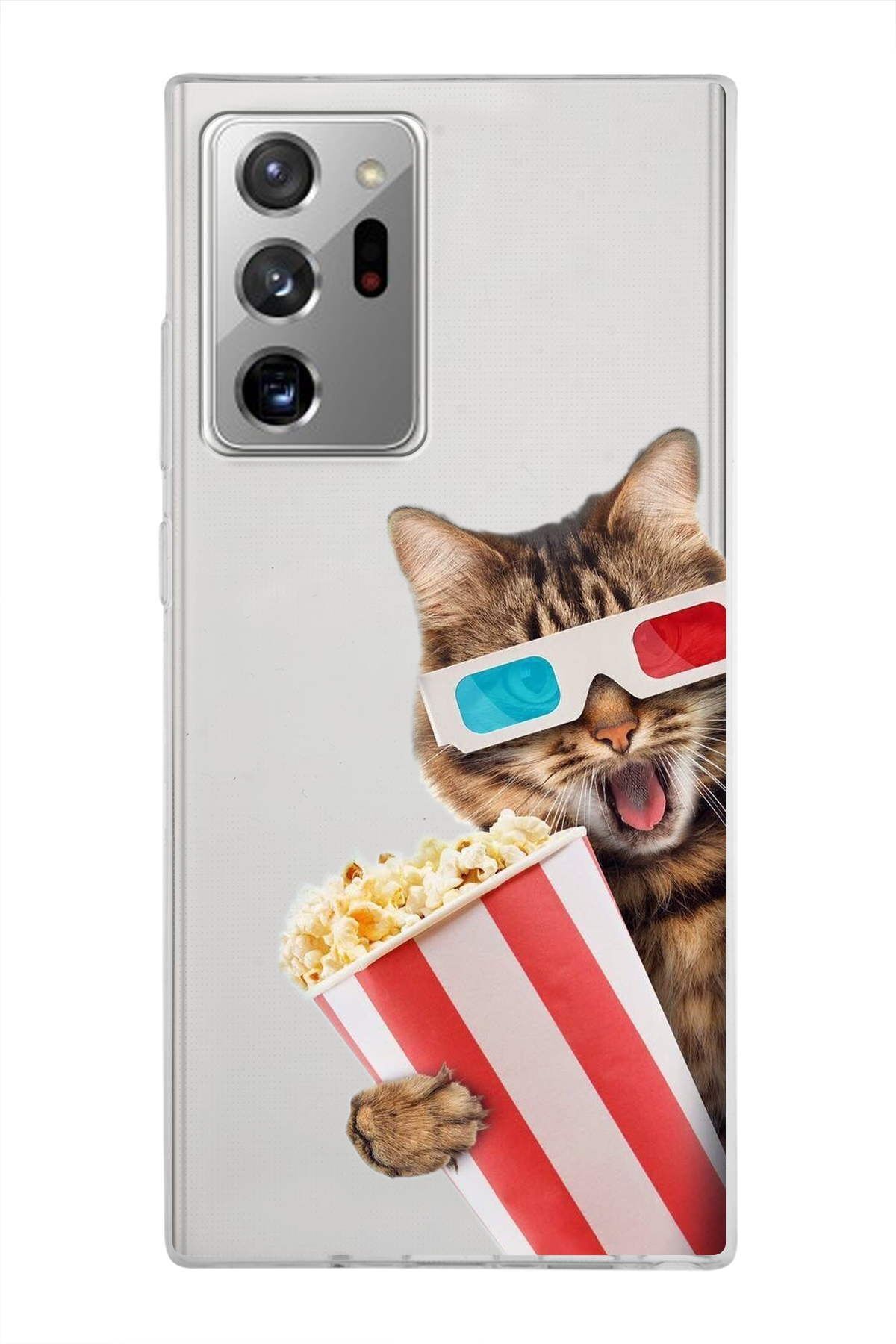Samsung Galaxy Note 20 Ultra ile Uyumlu 1mm Slim Fit Kedi 1 050b Baskılı Şeffaf Kılıf