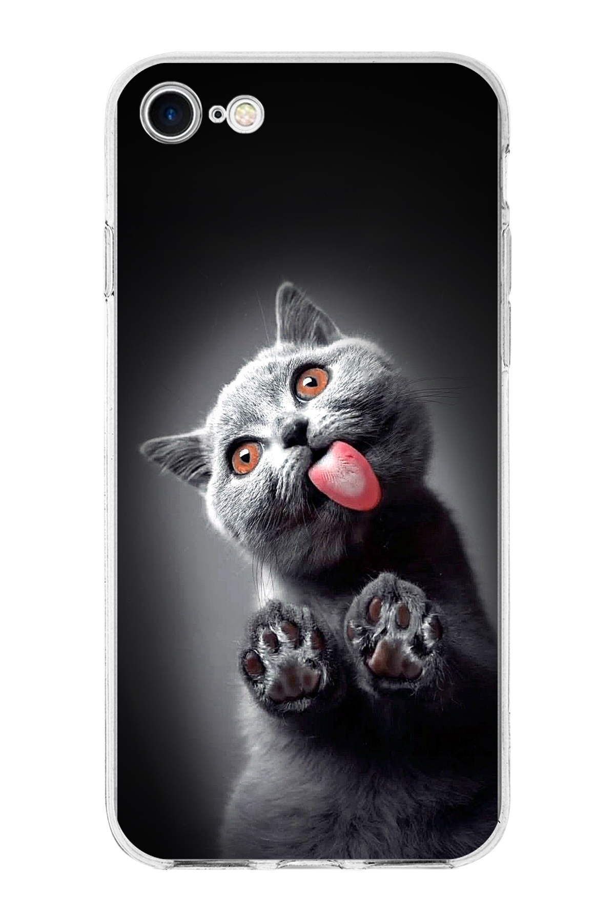 PrintiFy Apple iPhone 8 ile Uyumlu 1mm Slim Fit Kedi 2 050c Baskılı Şeffaf Kılıf