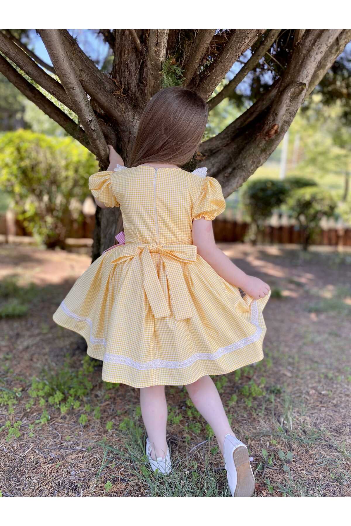 Linarookids Sarı Kareli Vintage Kız Bebek Elbisesi,Doğum günü,fotoğraf çekim elbise,0-12 Yaş Uygun fotoğrafı 3 (önizleme)