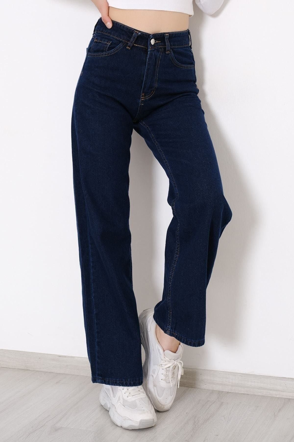 dressmix  Power Likralı Kadın Lacivert Yüksek Bel Salaş Paça Denim Kot Pantolon (Tam kalıptır) - Görsel 4