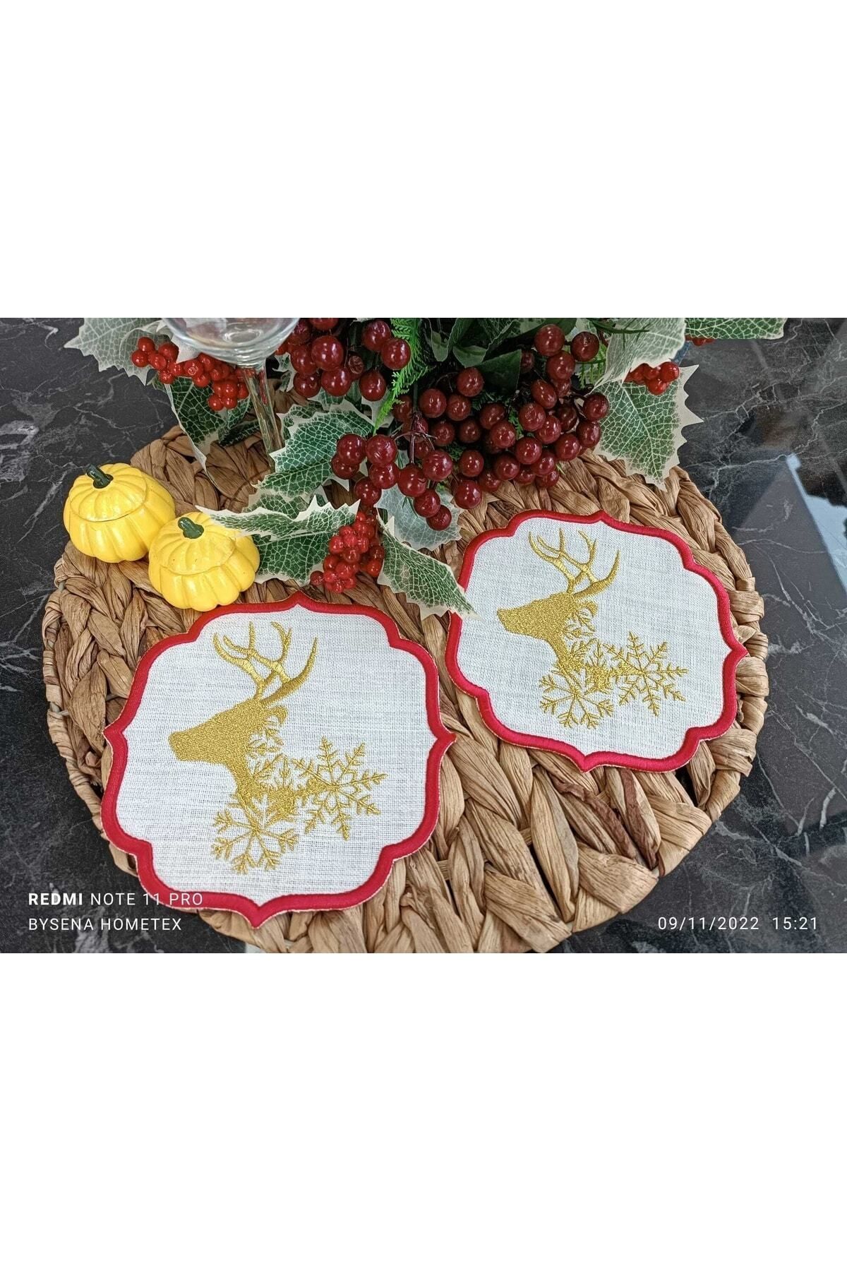 Deer Kokteyl Ve Kahve Yanı Sunum Peçetesi Yılbaşı Temalı Gold Geyik Işlemeli 2 Adet