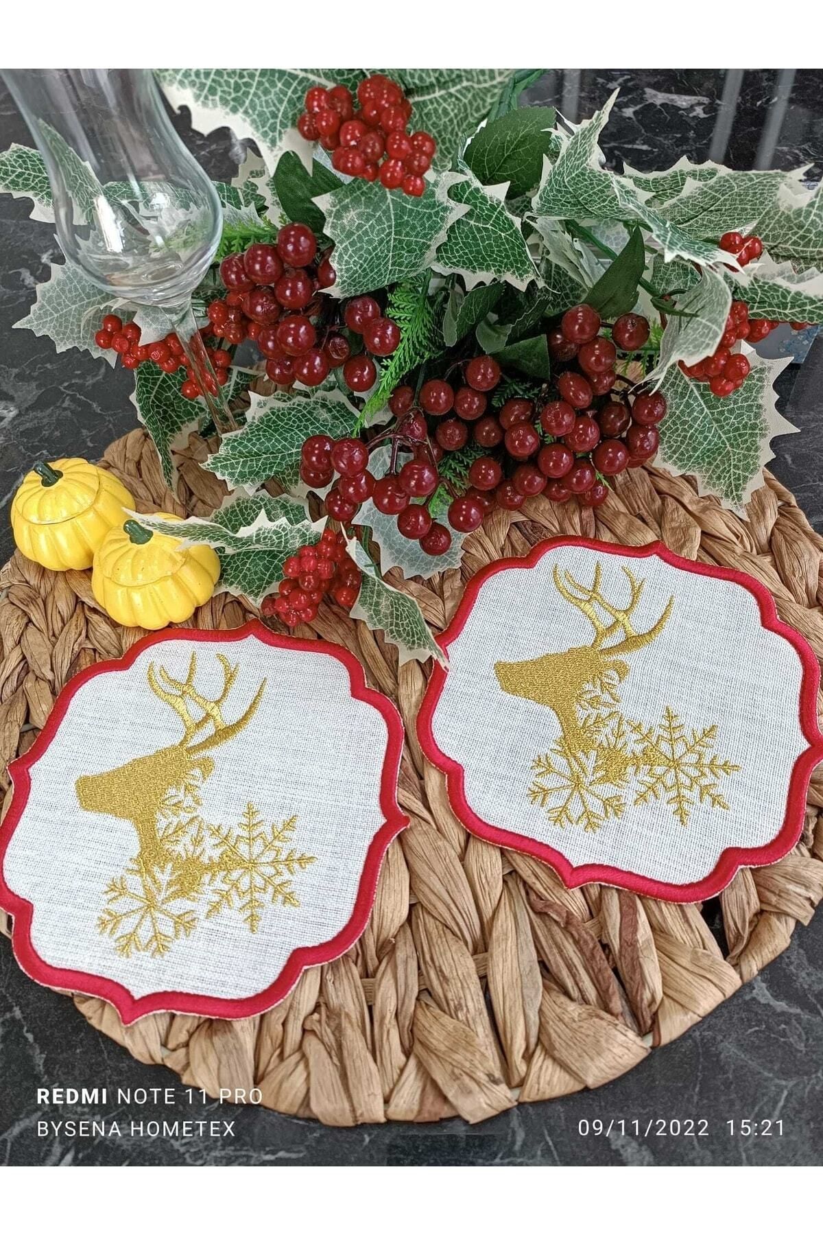 Deer Kokteyl Ve Kahve Yanı Sunum Peçetesi Yılbaşı Temalı Gold Geyik Işlemeli 2 Adet