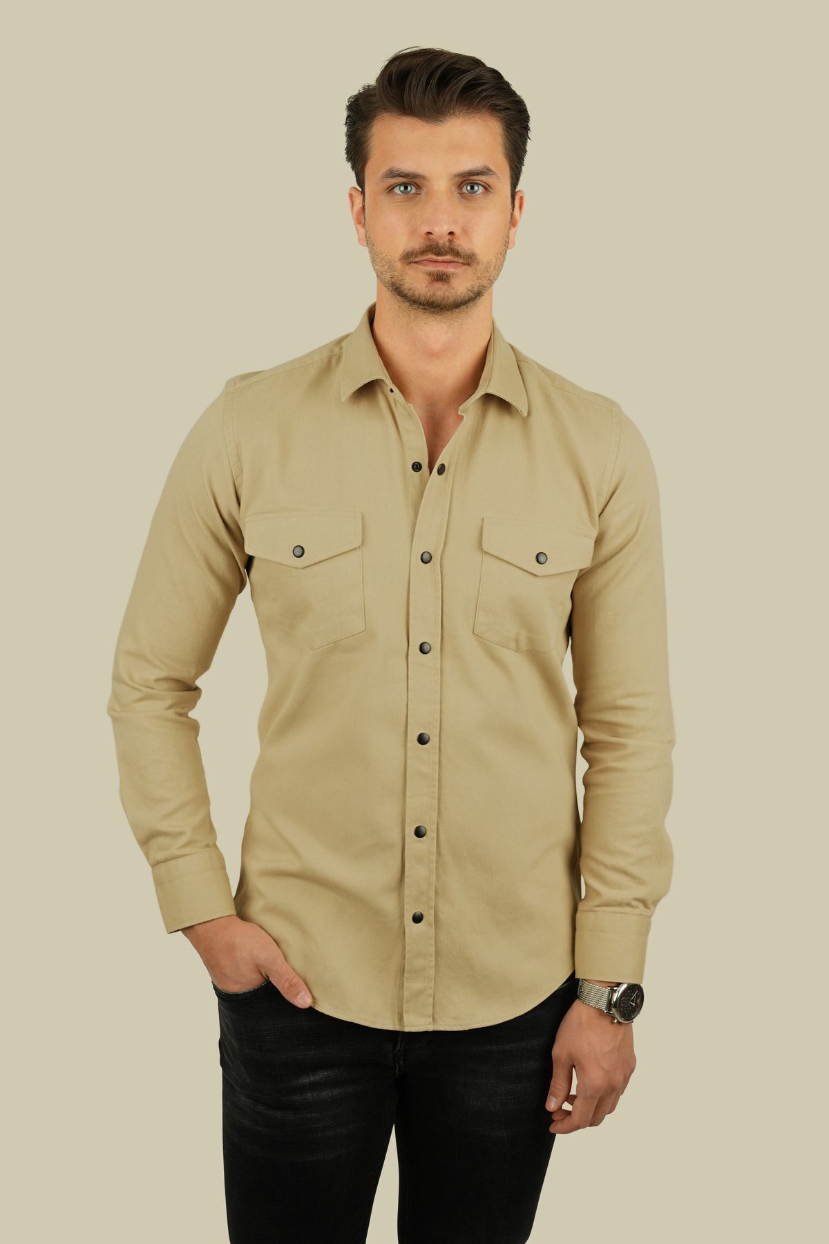 Etikmen-Beige Slimfit Real Jeans Herrenhemd 4