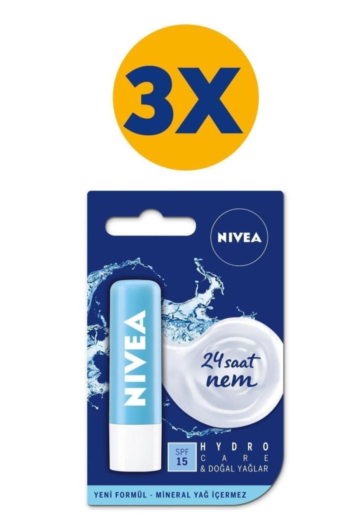 NIVEA Бесцветный крем для ухода за губами Hydro Care 4,8 г, увлажнение на 25 часов, Spf15, солнцезащитный крем, 3 шт. НАБОР.NVE.408