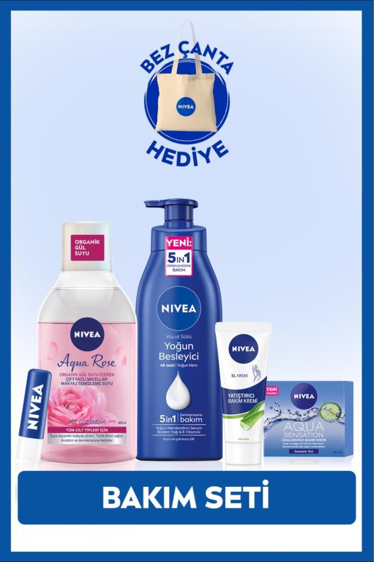 Лосьон для тела NIVEA 400 мл, вода для снятия макияжа, крем для ухода за губами, крем для лица, крем для рук, подарочный тканевый набор SET.NVE.888