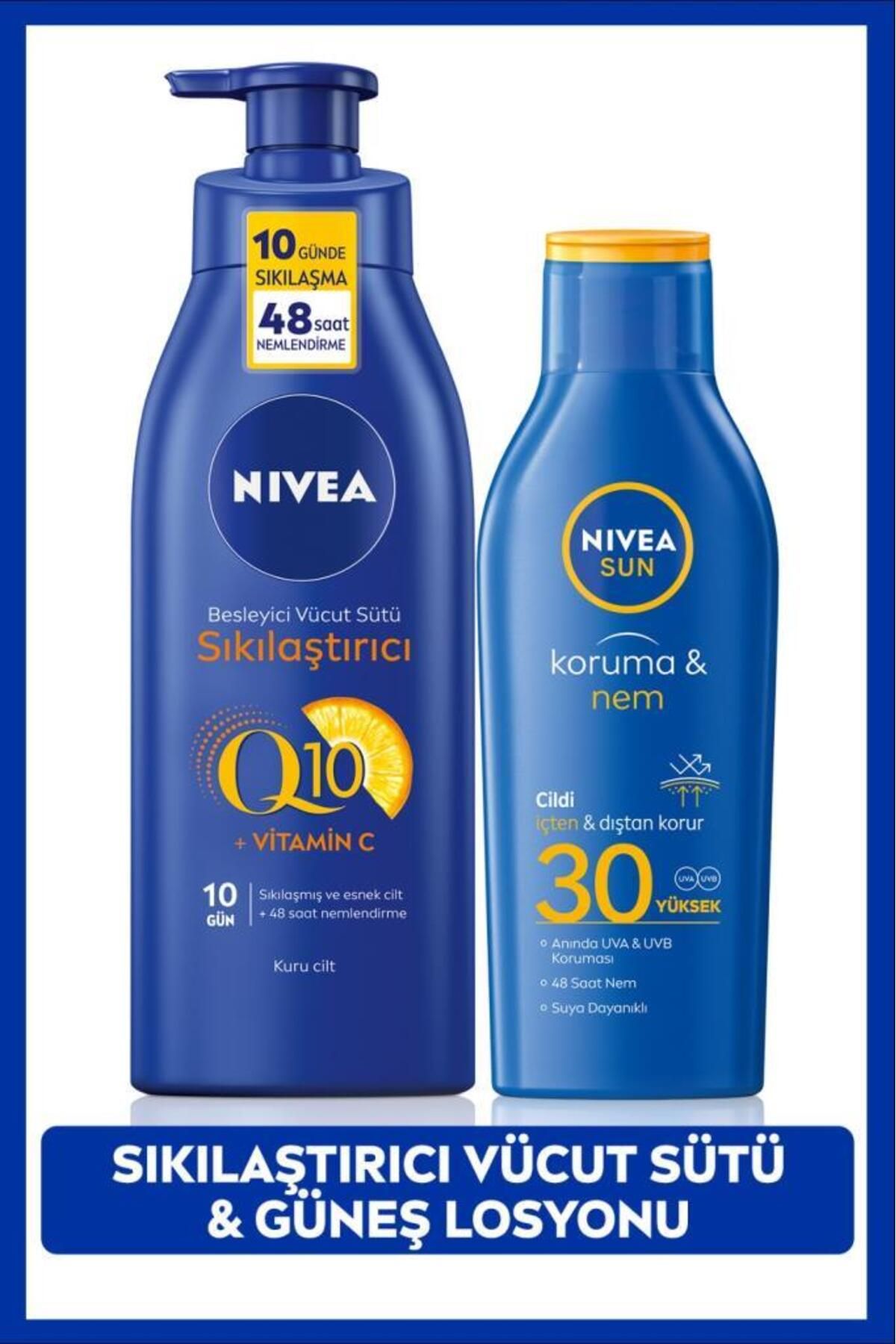 NIVEA Мгновенная защита от солнца лосьон SPF30 200 мл и укрепляющий лосьон для тела Q10 с витамином C 400 мл НАБОР.NVE.552