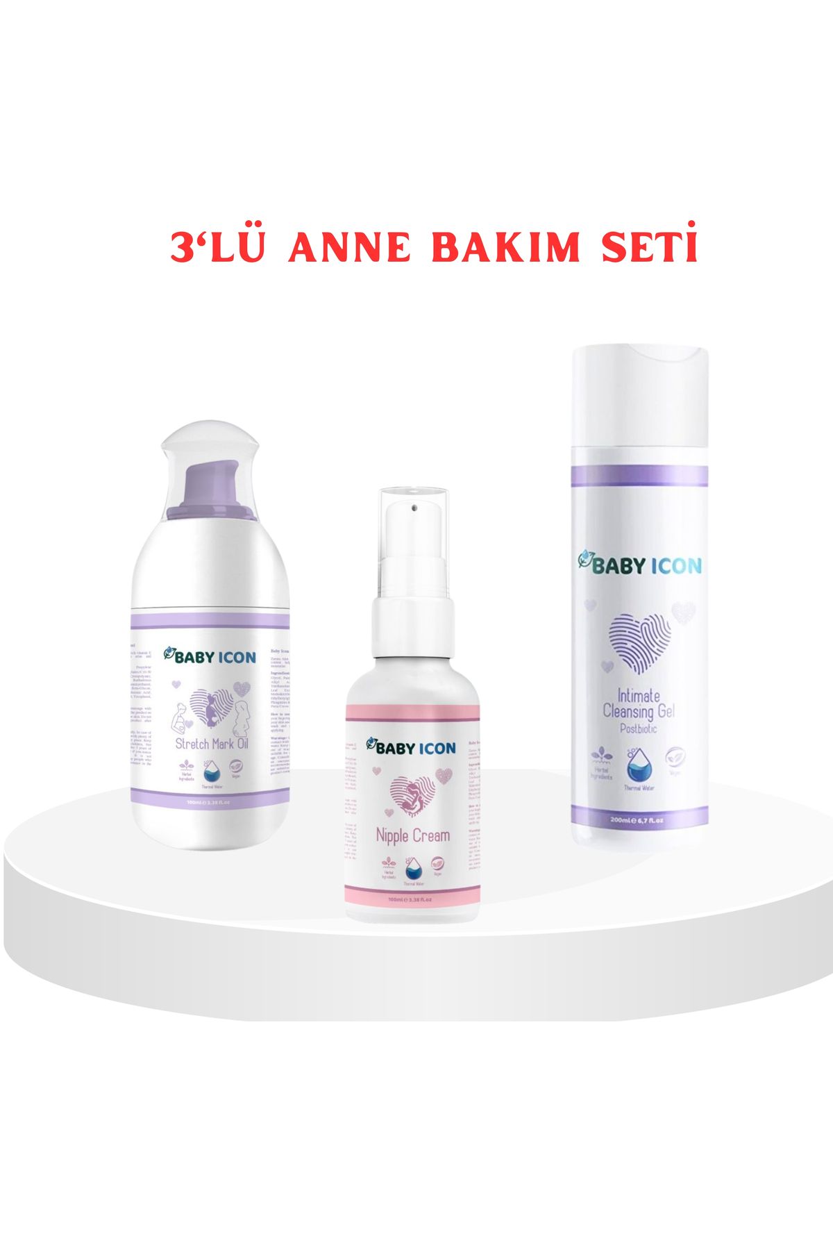 Baby İcon 3'lü Anne Bakım Seti / Göğüs Ucu Kremi / Gebe Çatlak Kremi / İntim Temizleme Jeli