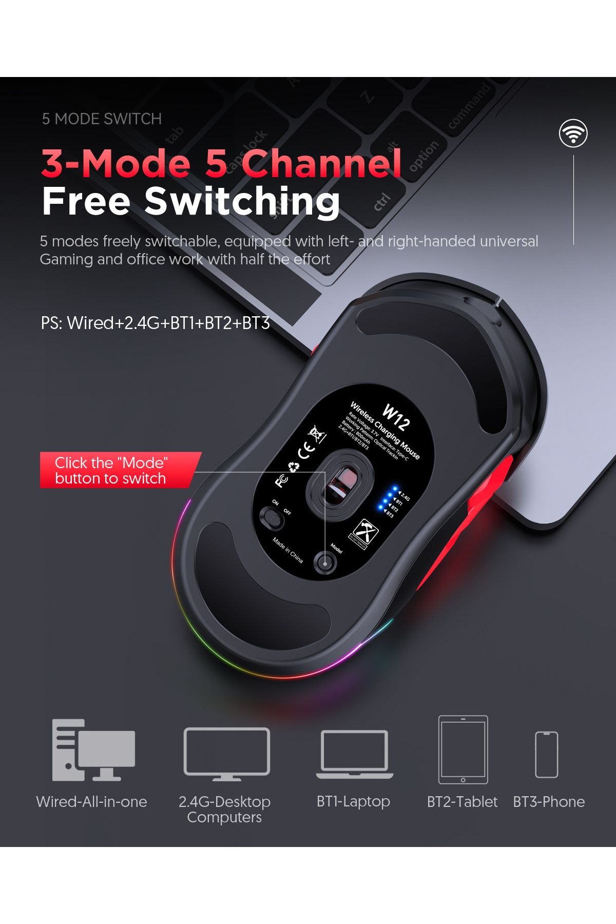 MKESPN-Wireless 10000DPI Macro RGB Gaming Mouse 10 Programmable Keys Rechargeable Game Mouse Charging RG... 5