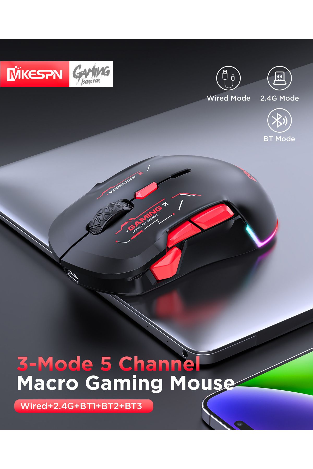 MKESPN-Wireless 10000DPI Macro RGB Gaming Mouse 10 Programmable Keys Rechargeable Game Mouse Charging RG... 2