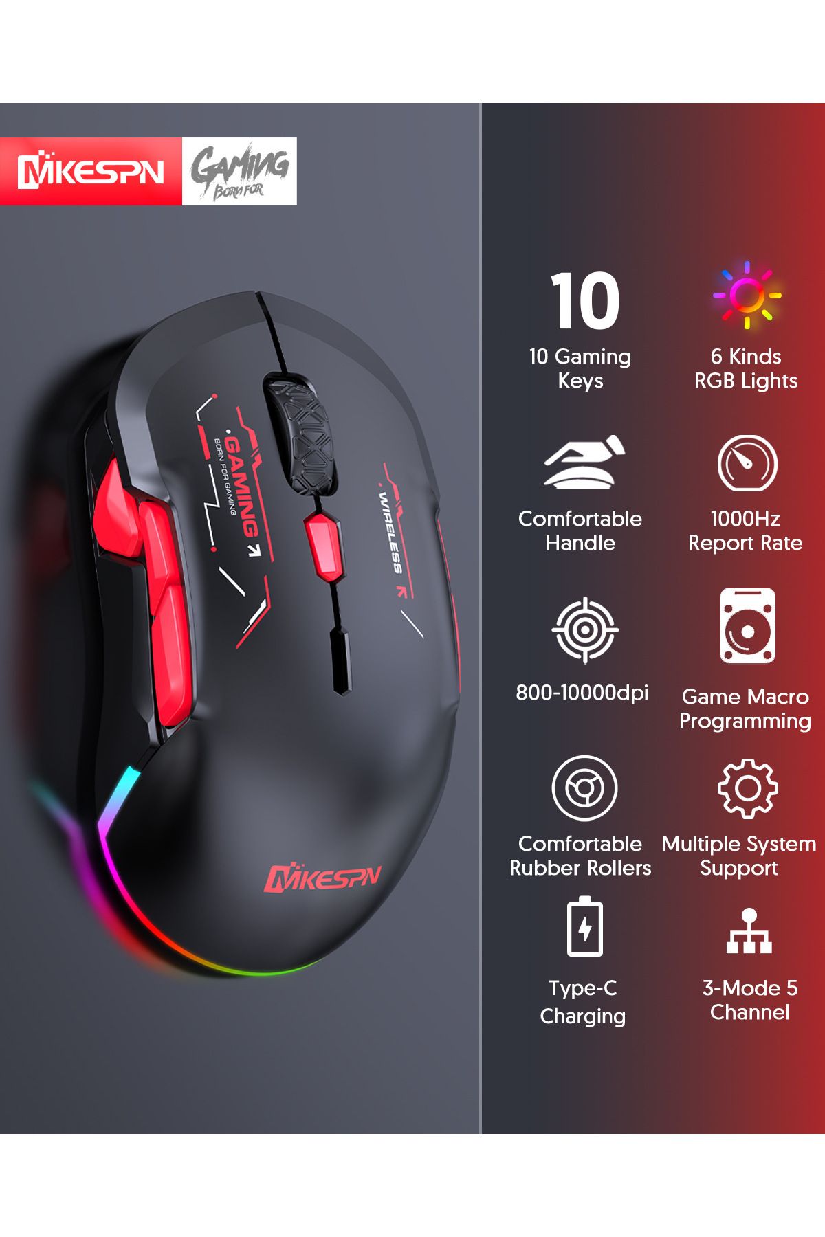 MKESPN-Wireless 10000DPI Macro RGB Gaming Mouse 10 Programmable Keys Rechargeable Game Mouse Charging RG... 3
