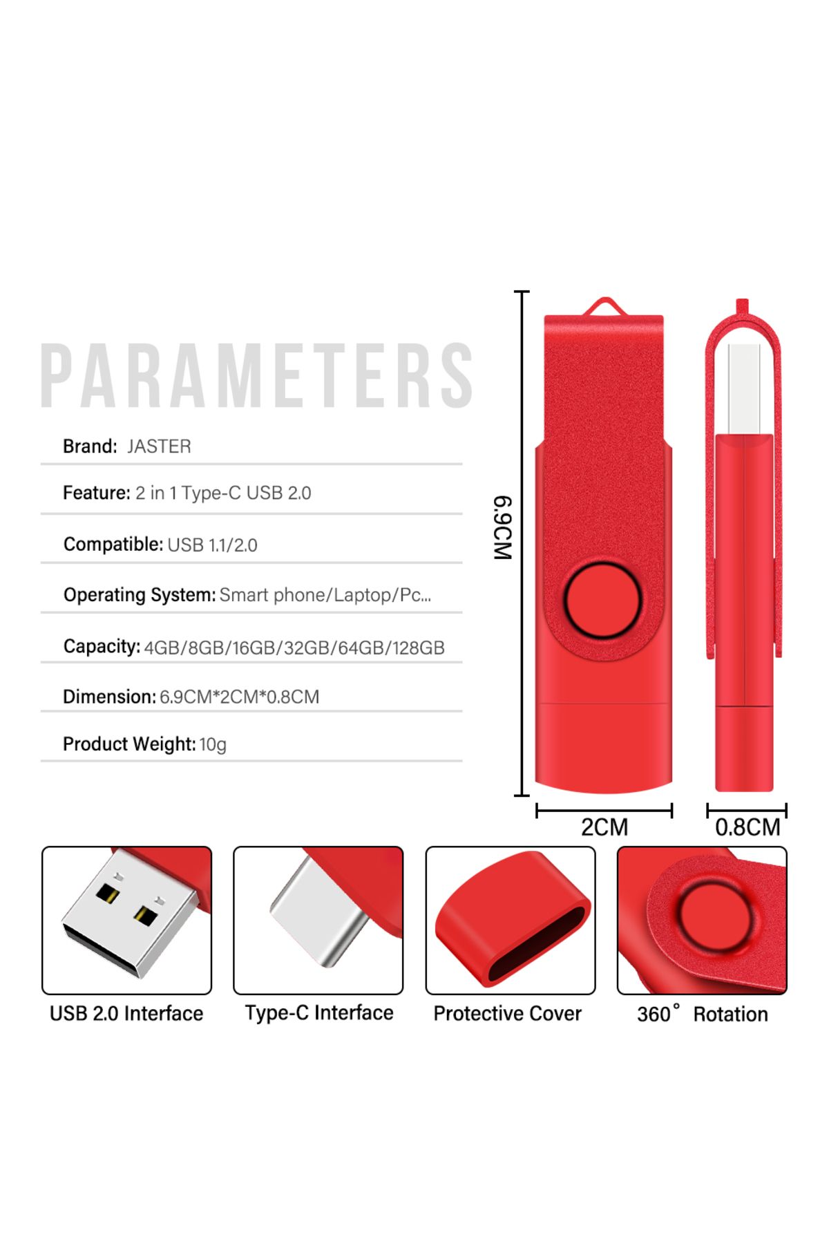 JASTER-TYPE-C USB Flash Drive 128GB 2 in 1 Red Memory Stick 32GB Rotatable Pen Drive 64GB Pendrive for M... 3