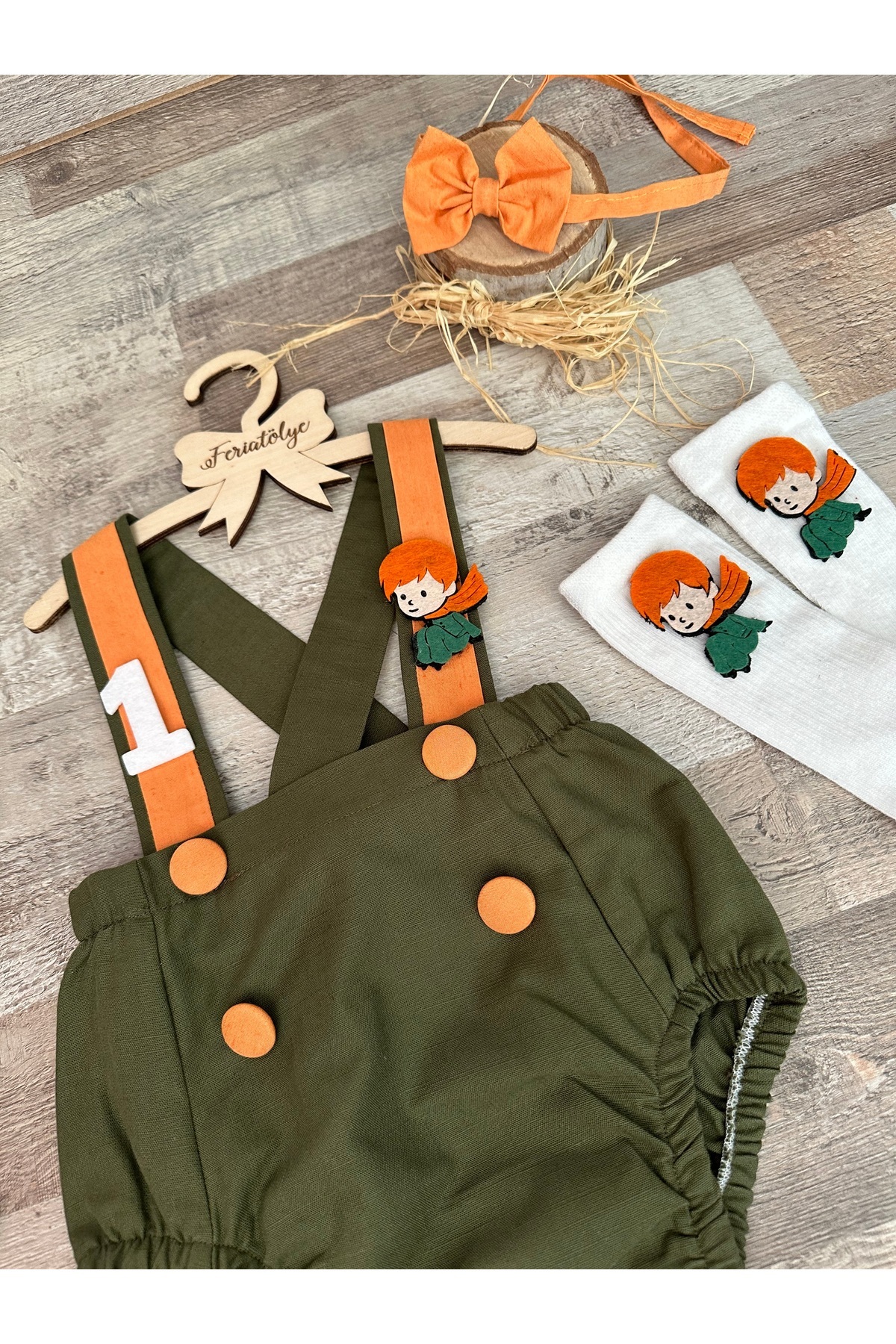 Handmade Little prince concept khaki orange baby boy 1 year birthday salopette