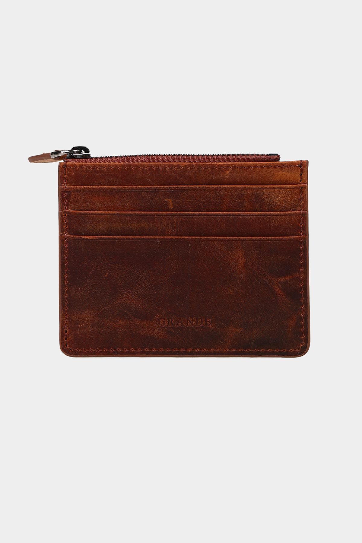 3603 Genuine Leather Coin Reservoir Zippered Women Men Wallet Card Holder Antique Tan