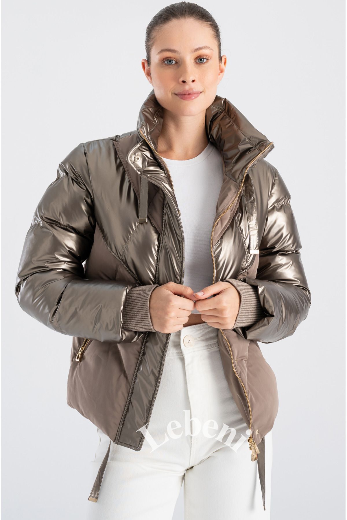 Lebeni  Kadın Şişme Mont - Kış Ve Kayak Montu Gizli Kapüşonlu Parlak Ve Mat Kumaş Puffer Mont - Görsel 4