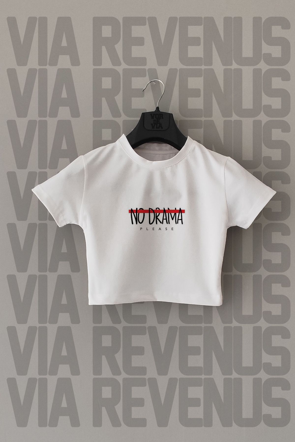 Vordevia No Drama Please - Crop Top Alb Lycra, Croială Subțire, Gât Crew Unisex - L