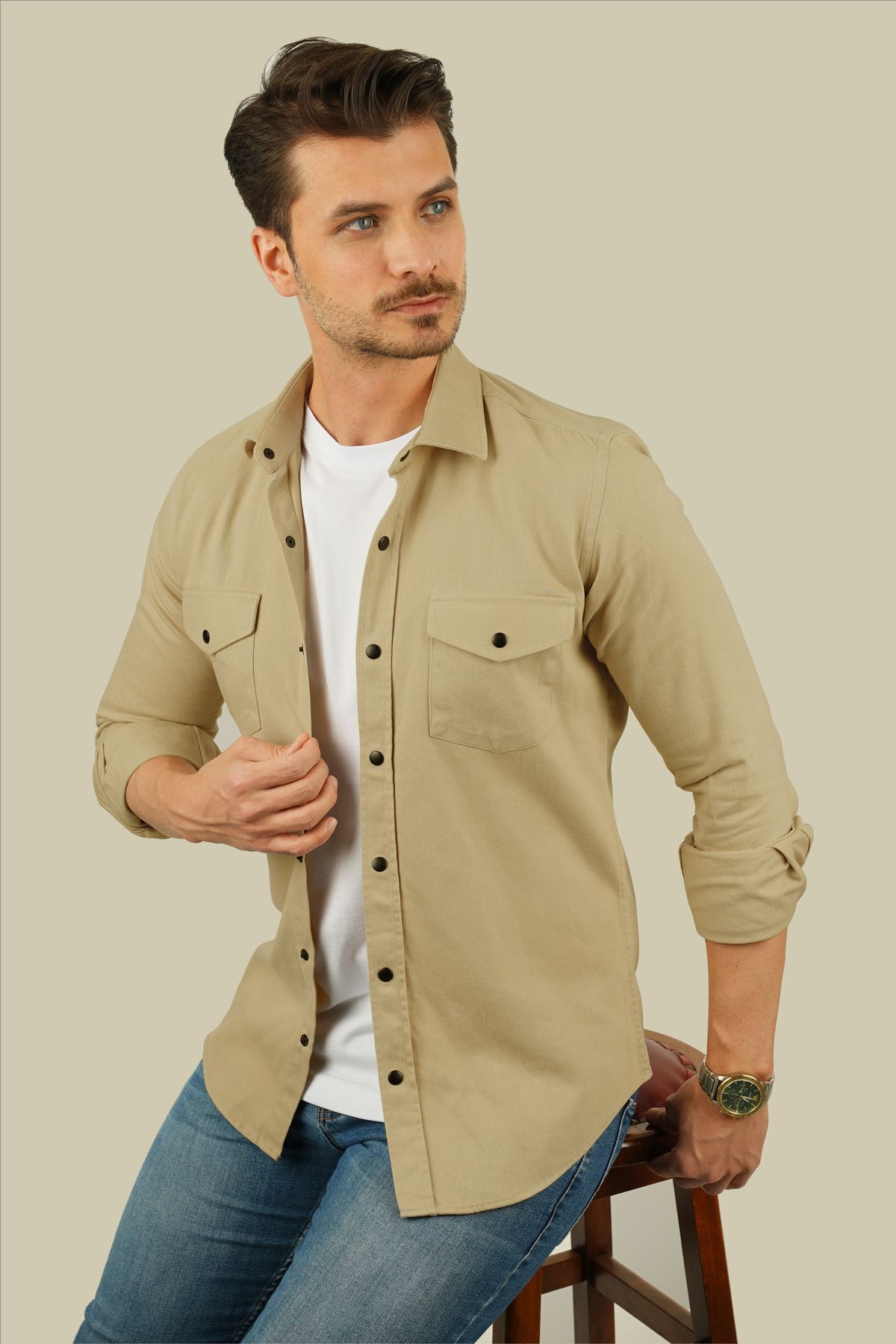 Etikmen-Beige Slimfit Real Jeans Herrenhemd 2