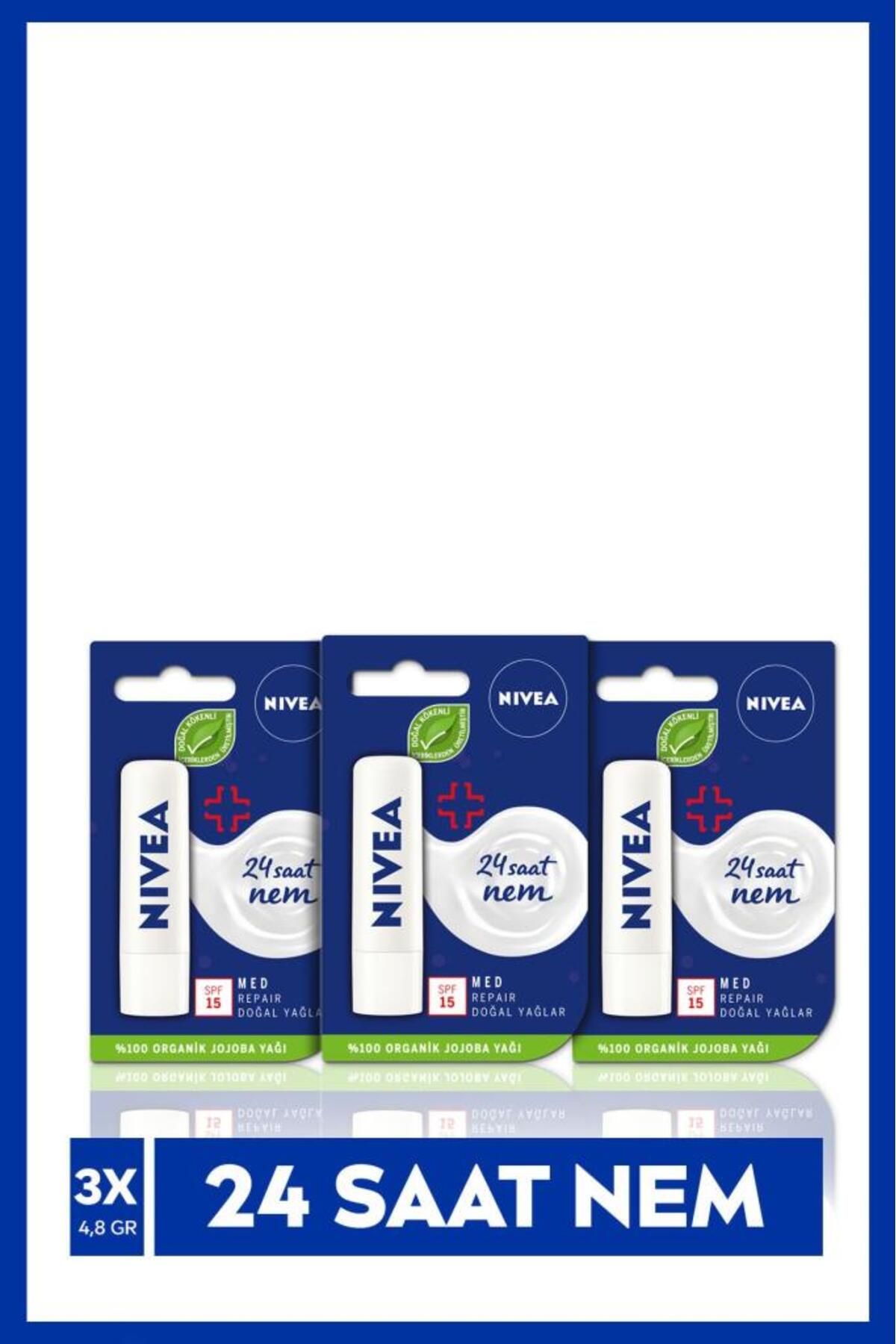 NIVEA Бесцветный крем для ухода за губами Med Repair 4,8 г, 24-часовое увлажнение, защита от солнца, SPF15, 3 шт. НАБОР.NVE.403