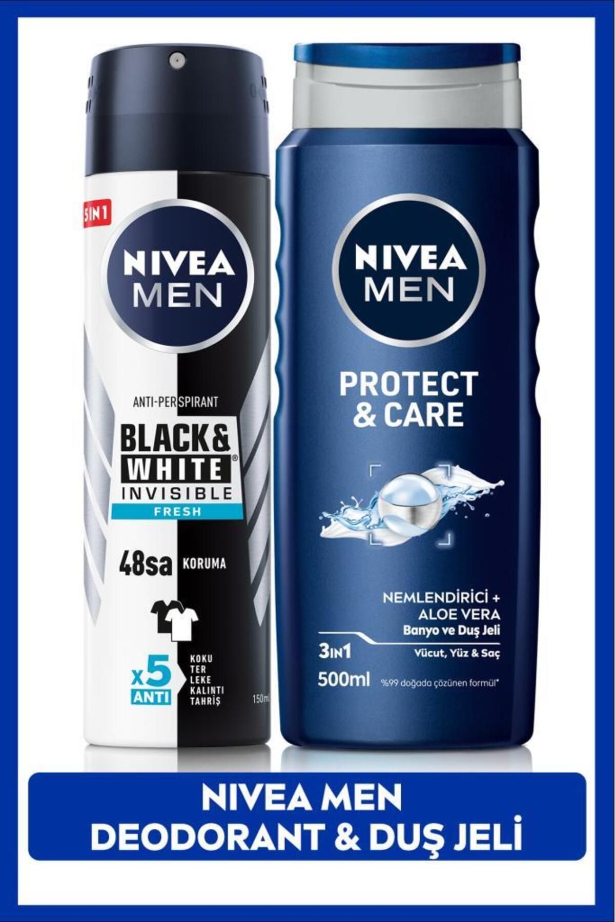 NIVEA MEN Мужской дезодорант-спрей Black&White Invisible Fresh 150 мл и мужской гель для душа Protect&Care 500 мл SET.NVE.950