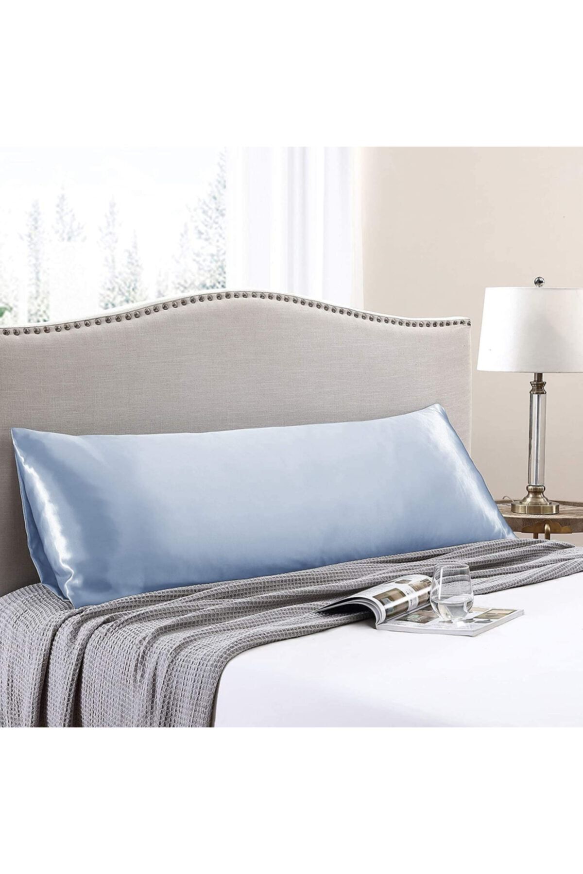 Tinybabyconcept-Natural Silk Textured Cotton Satin Pillow Case 1st Quality Bead Silicone Filled Pillow 50x135cm Blue 6