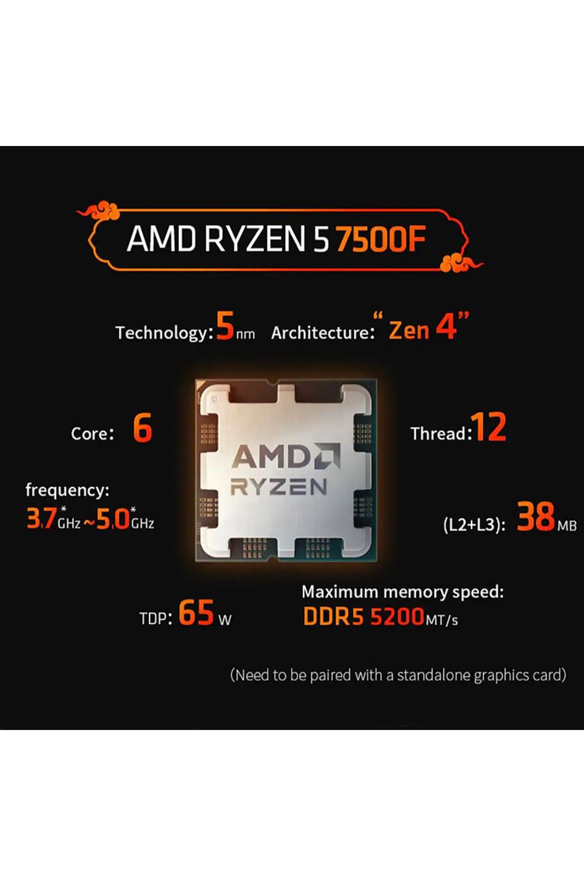 Amd-معالج وحدة المعالجة المركزية AMD Ryzen 5 7500F R5 7500F 3.7 جيجا هرتز 6-Core 12-Thread 5NM L3=32M 100-000000597 Soc... 2