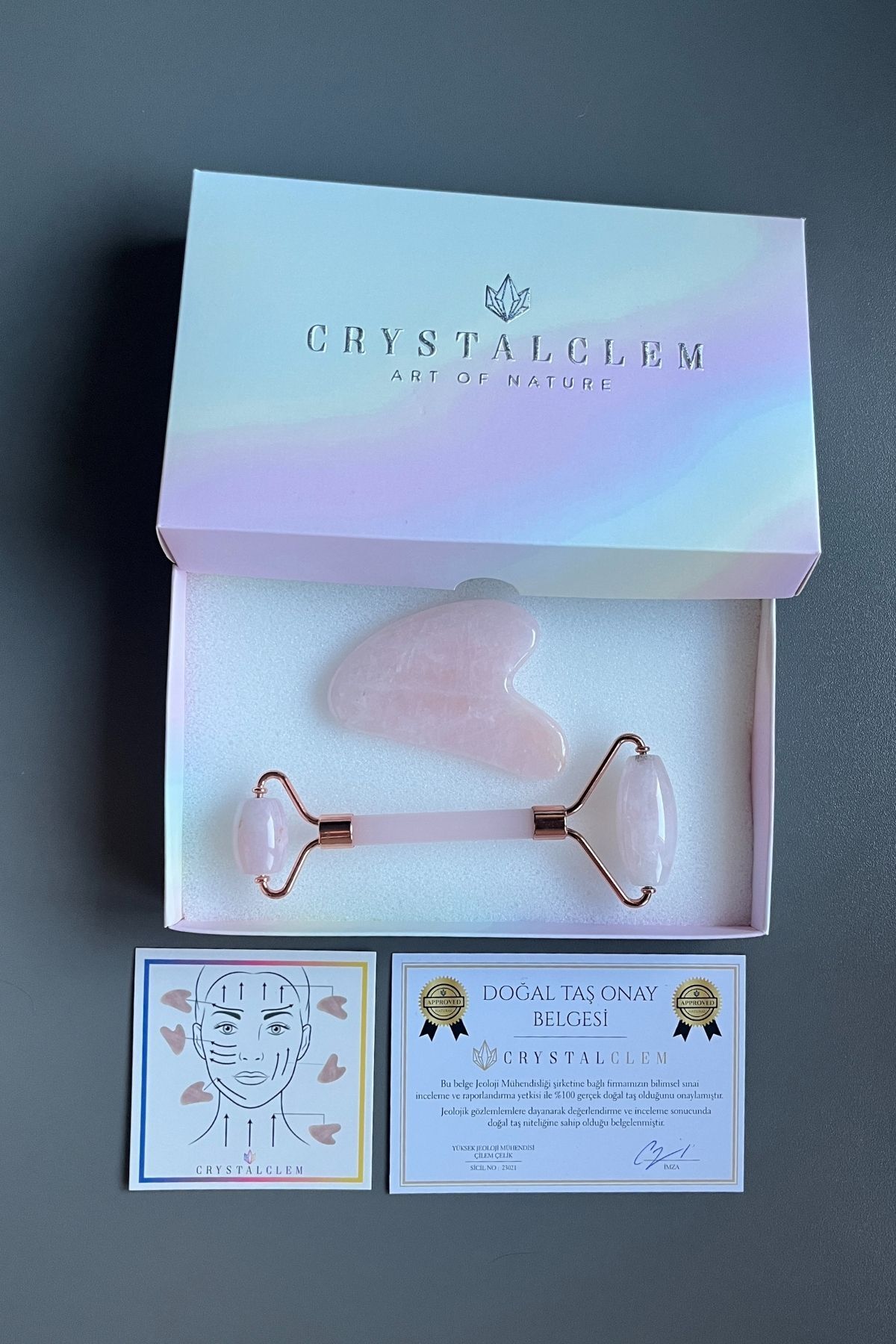 Crystalclem Pembe Kuvars Doğal Taş Gua Sha Ve Roller Masaj Aleti Seti %100 Gerçek Doğal Taş Onay Belgeli