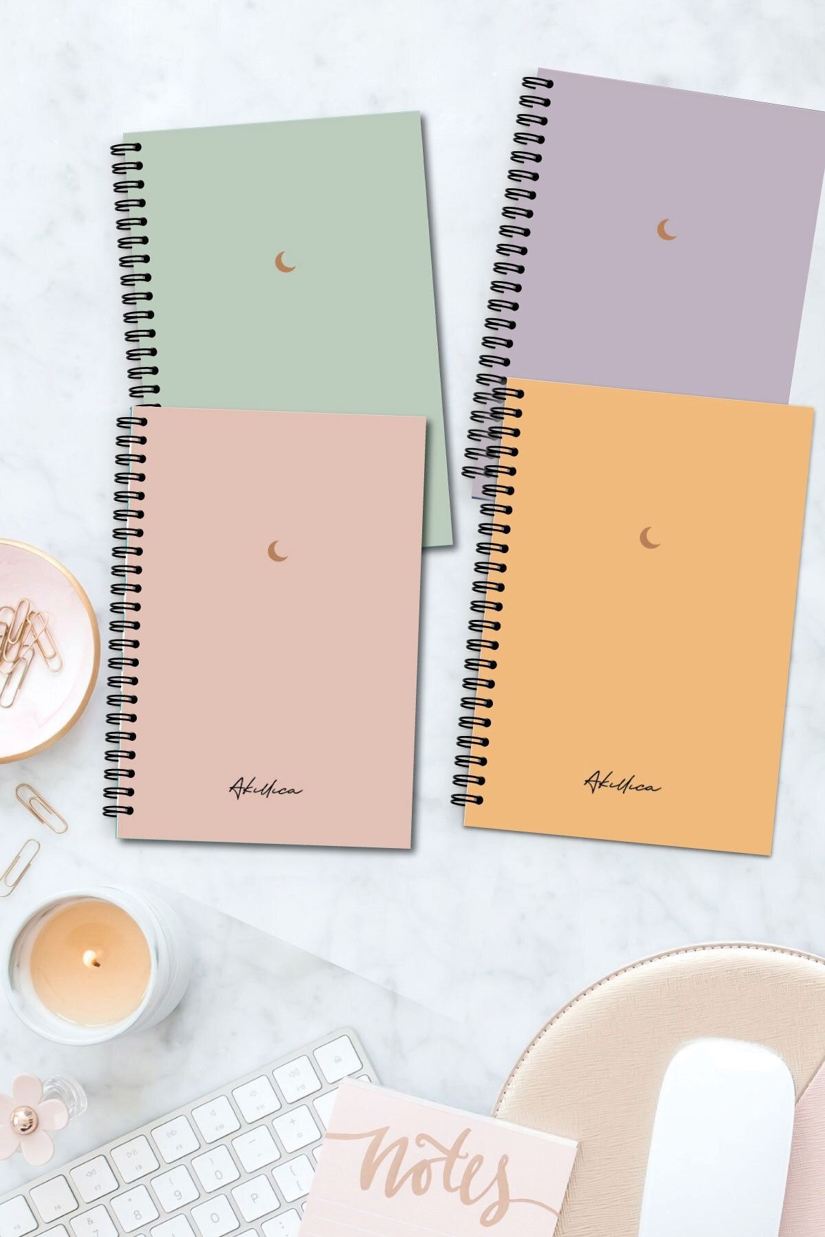 AKILLICA-Set of 4 Unlined Notebooks 13 X 20 Cm 56 Sheets Cardboard Cover Spiral Notebook Notebook Moon Series 1