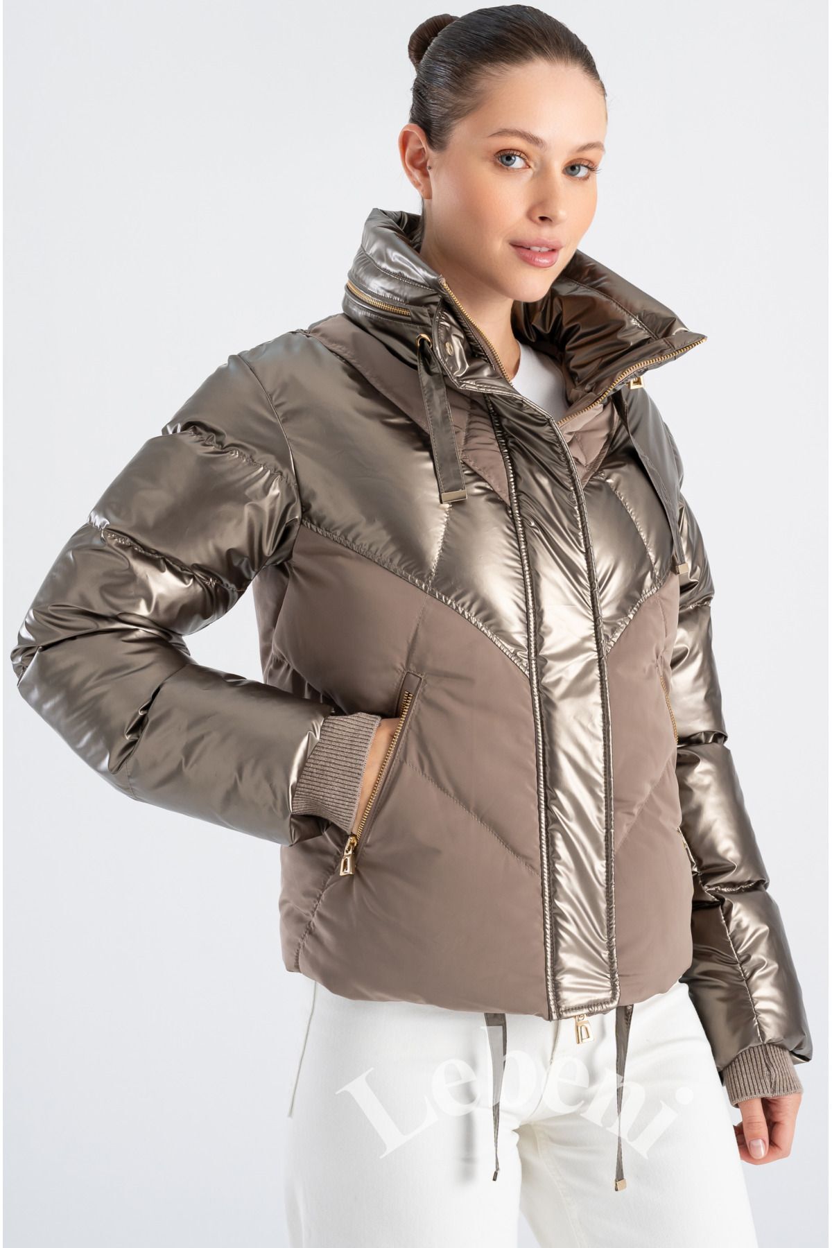 Lebeni  Kadın Şişme Mont - Kış Ve Kayak Montu Gizli Kapüşonlu Parlak Ve Mat Kumaş Puffer Mont - Görsel 7