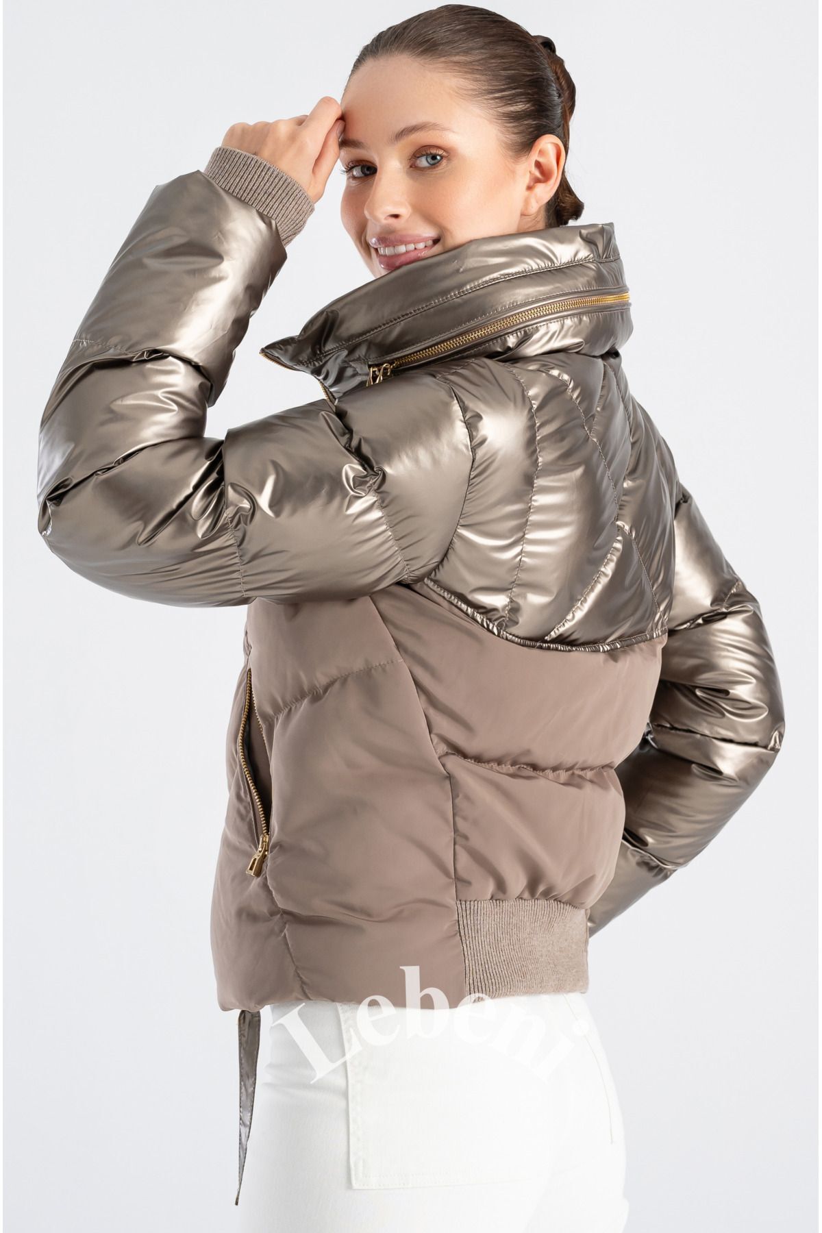 Lebeni  Kadın Şişme Mont - Kış Ve Kayak Montu Gizli Kapüşonlu Parlak Ve Mat Kumaş Puffer Mont - Görsel 6