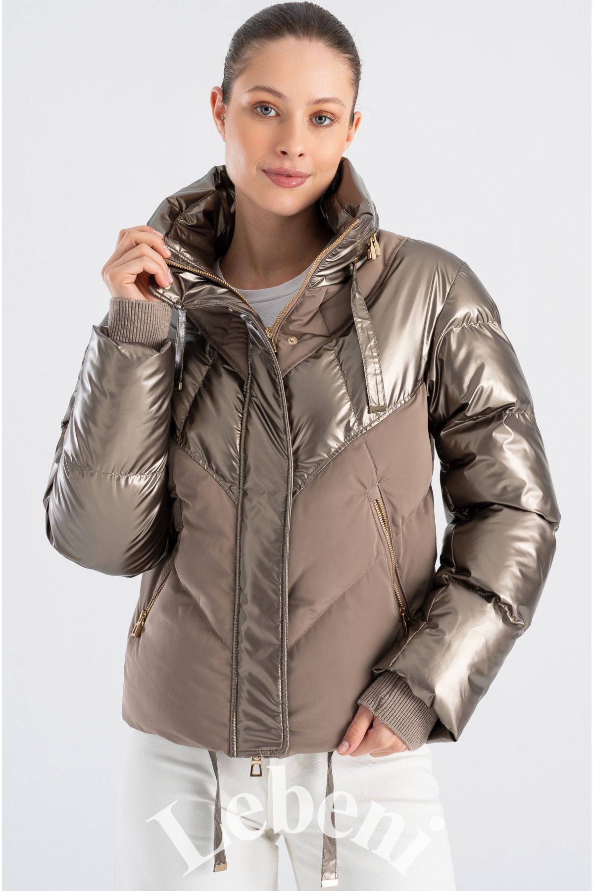 Lebeni  Kadın Şişme Mont - Kış Ve Kayak Montu Gizli Kapüşonlu Parlak Ve Mat Kumaş Puffer Mont - Görsel 8