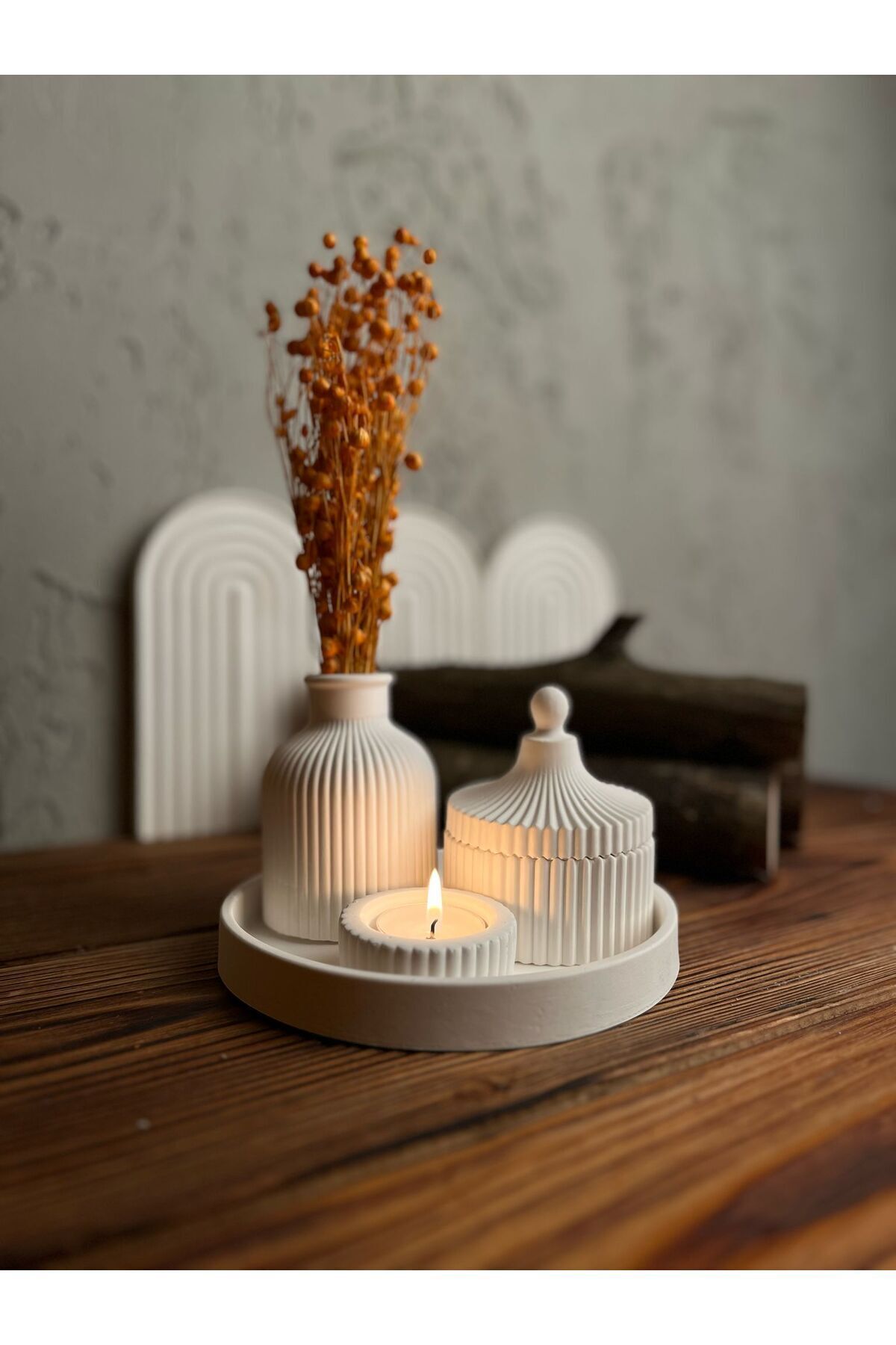 Decoration Set with Mini White Vase, Round Tray, Stylish Box with Lid and Candle Holder