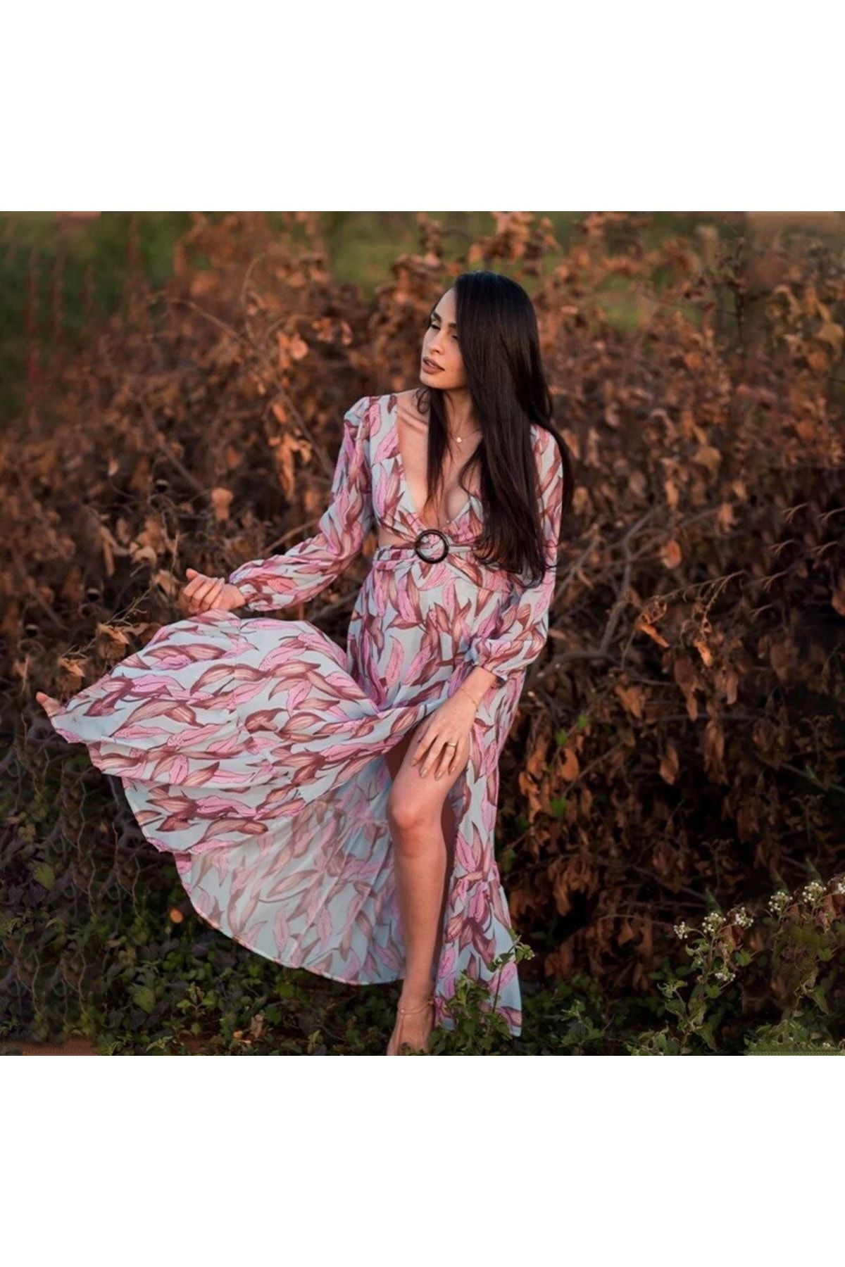 Retro İşlemeli Derin V Kollu Boho Tarzı Mini Elbise-Pareo main image 1