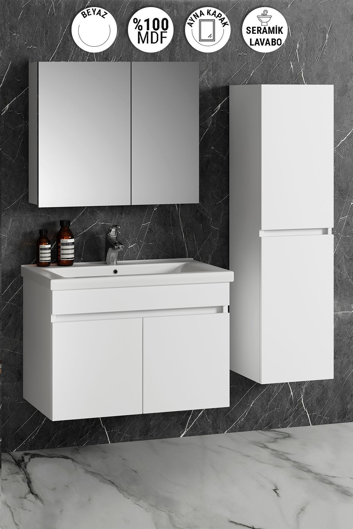 ÖZCEDEN Çiğdem 80+35 cm Beyaz MDF Seramik Lavabolu Sepetli Asma Banyo Dolabı Takımı