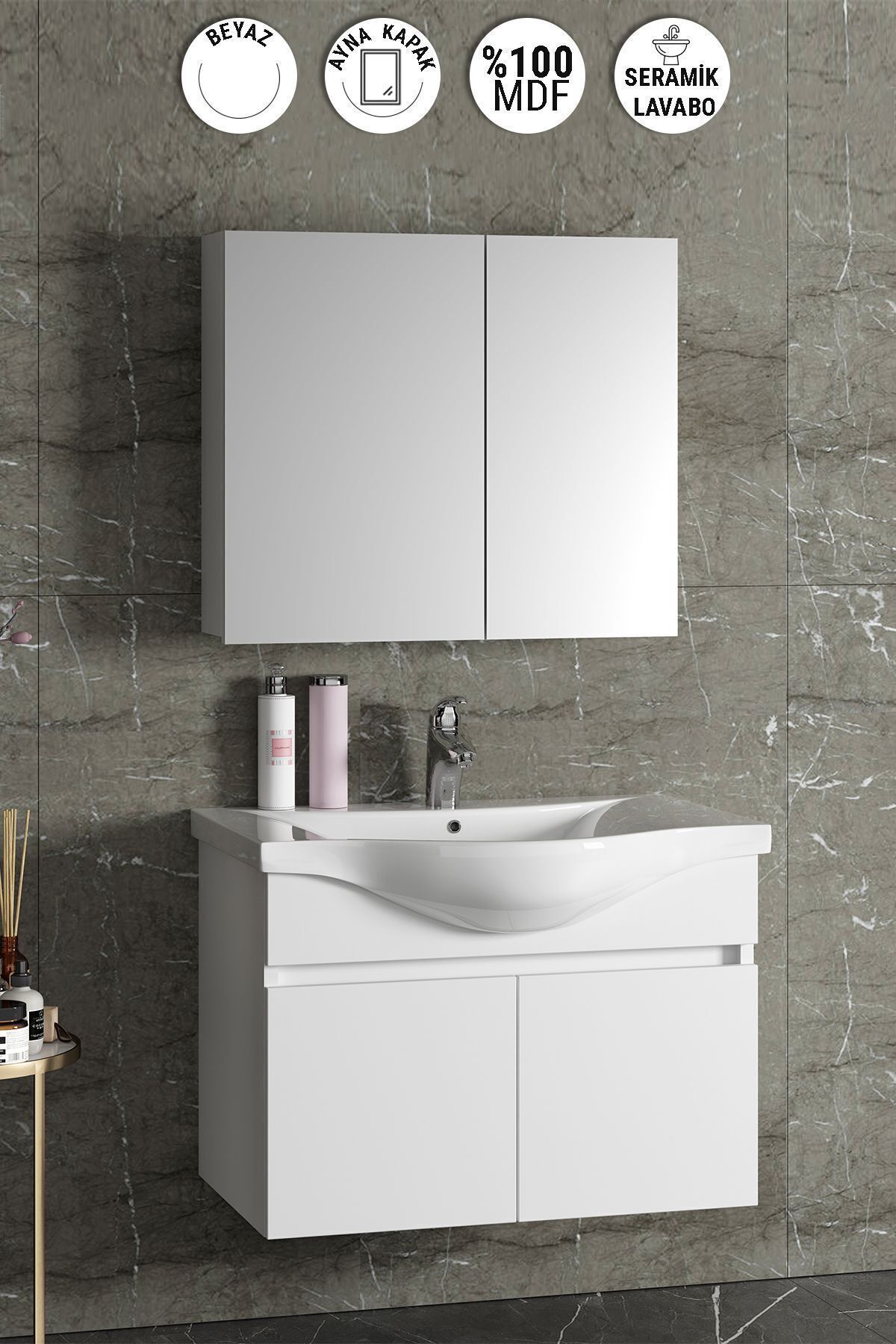 ÖZCEDEN Yıldız 80 cm Beyaz MDF Seramik Lavabolu Asma Banyo Dolabı Takımı