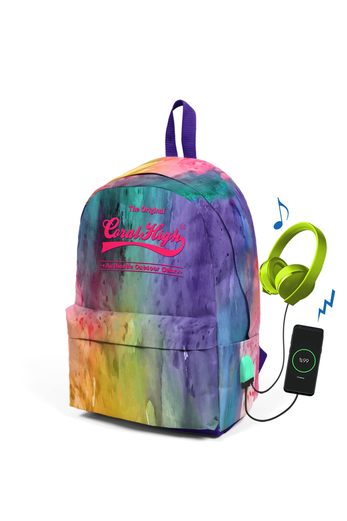 Women's Pink Colorful Two-Bay Usb Rechargeable Earphone Outlet Backpack 23434