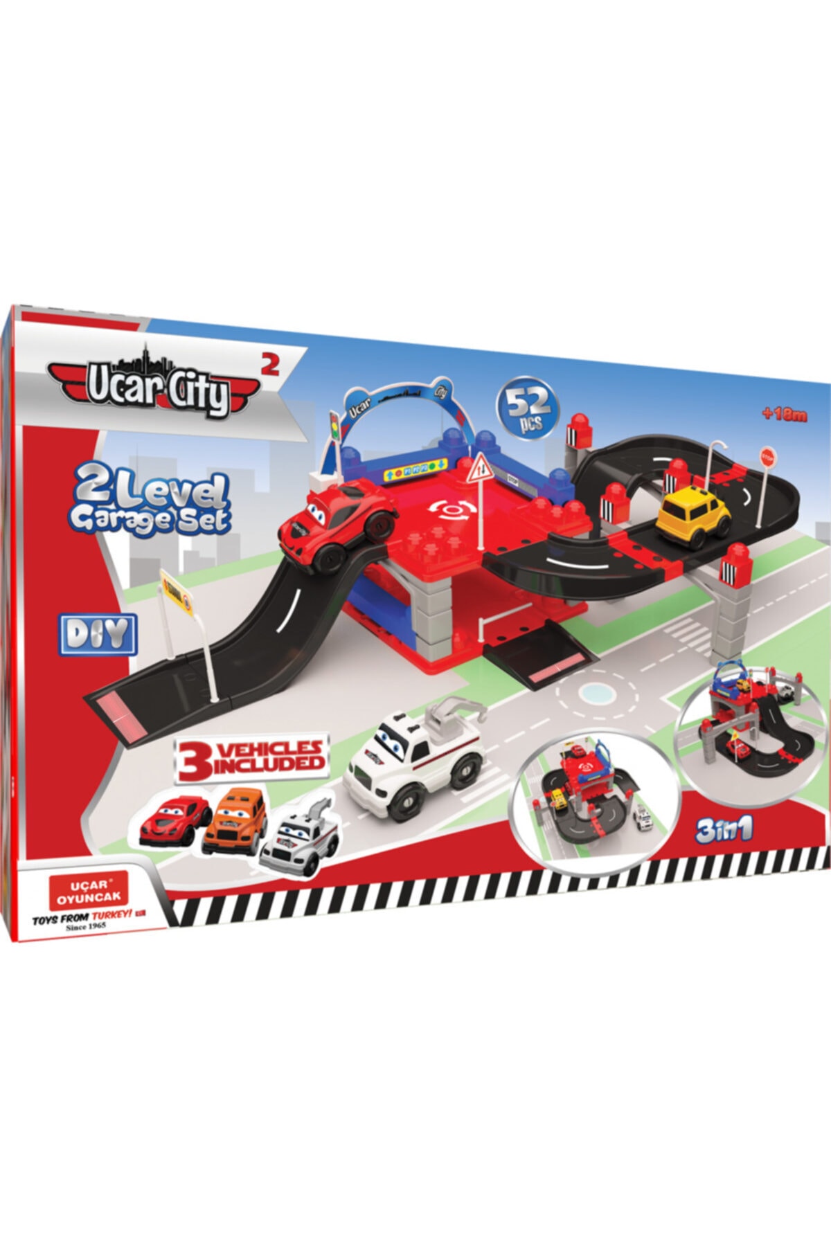Uçar City 3 Car 52 Piece 3 In 1 Vehicle Racing Garage Set
