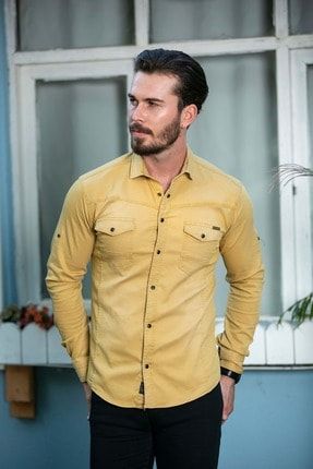 Erkek Sarı Cepli Likralı Kot Gömlek N6012