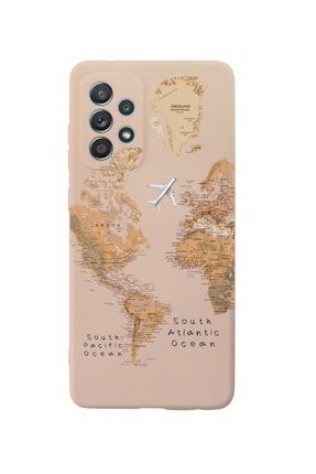 Samsung A32 Dünya Harita Premium Silikonlu Pembe Telefon Kılıfı MCSAMA32LDNYHRT