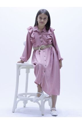 Kız Çocuk Kemerli Düğmeli Bel Lastikli Airobin Kumaş Elbise Ast21005 AST21005