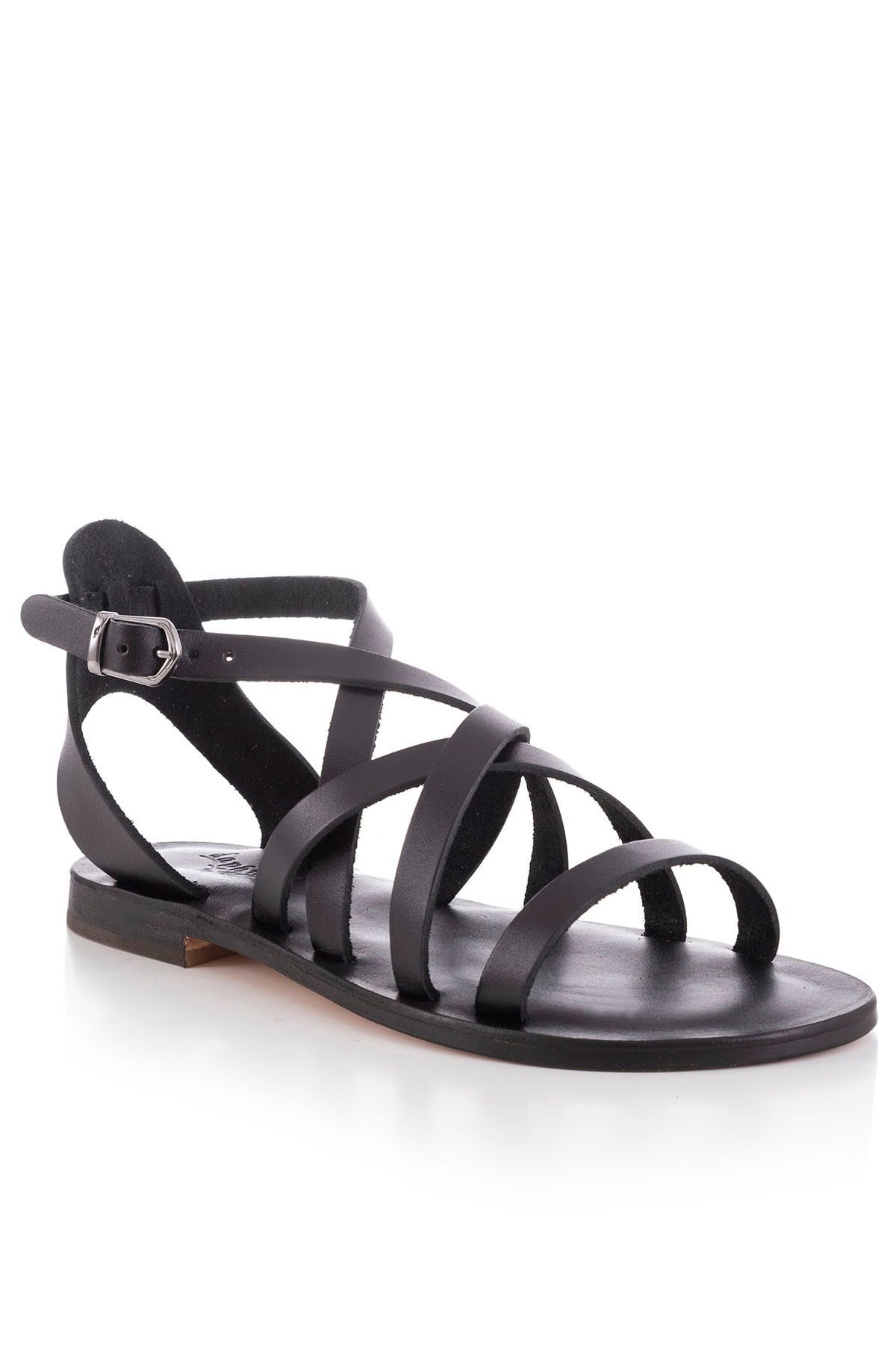 صندل سیاه زنانه و سفید چرمی دست ساز ساخته شده است. DaphneSandals