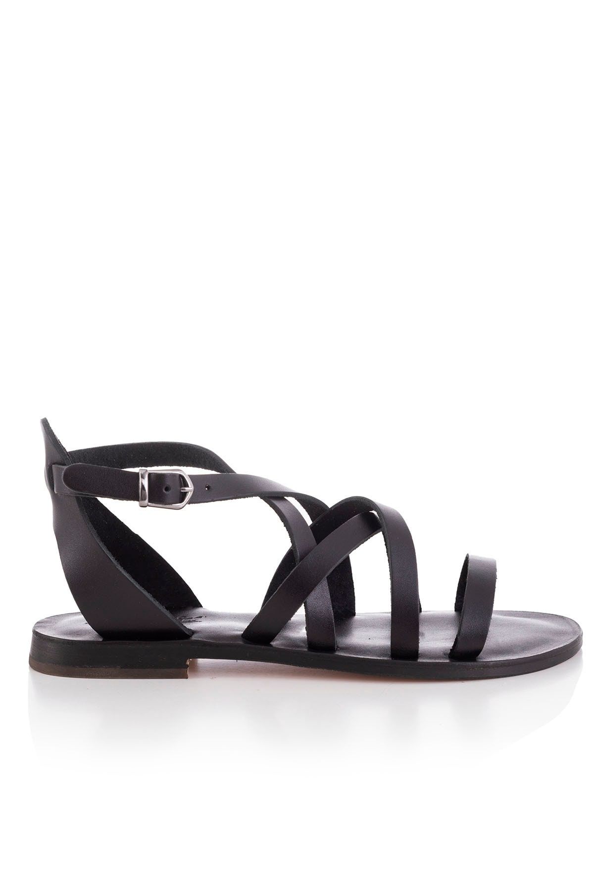 صندل سیاه زنانه و سفید چرمی دست ساز ساخته شده است. DaphneSandals